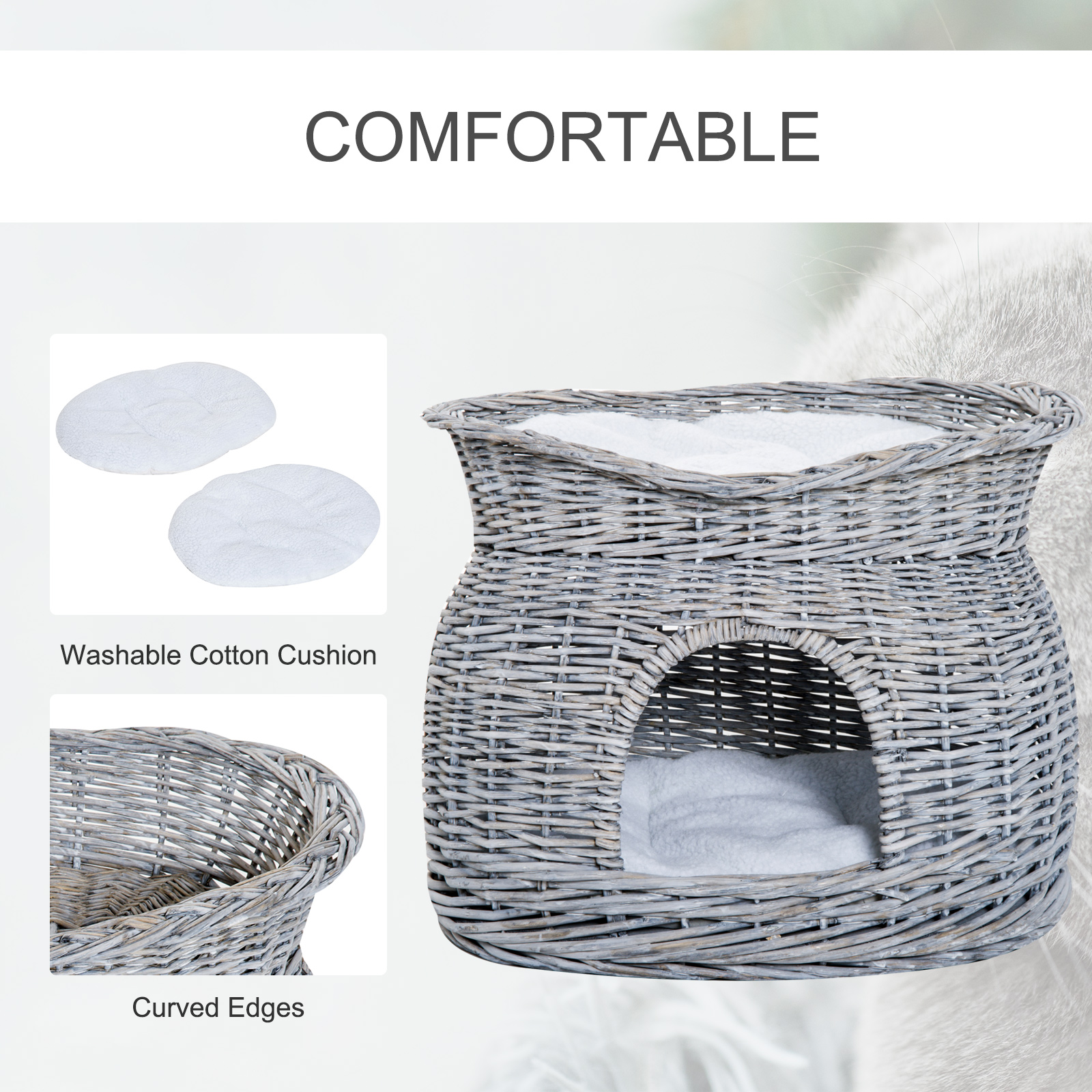 PawHut Wicker Cat House, 2-Tier Elevated Pet Bed Basket, Willow Kitten Tower with Washable Cushions, 56x37x40cm, Grey