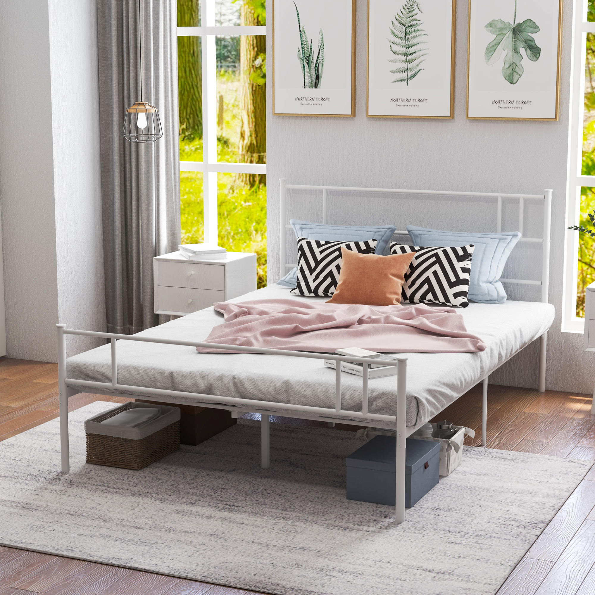 HOMCOM Metal Double Bed Frame with Headboard, Footboard, Metal Slats, and Underbed Storage, Bedroom Furniture, White.