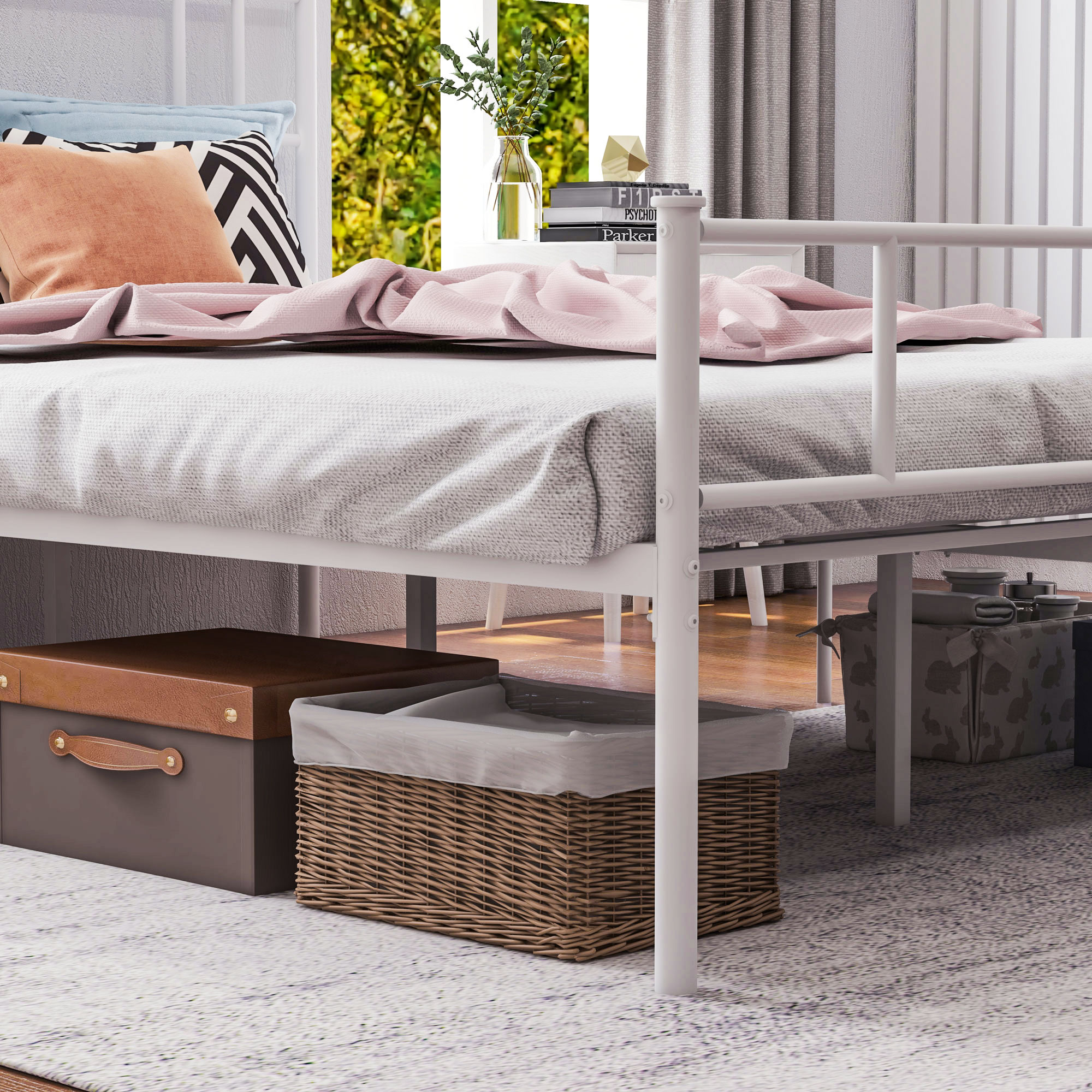 HOMCOM Metal Double Bed Frame with Headboard, Footboard, Metal Slats, and Underbed Storage, Bedroom Furniture, White.