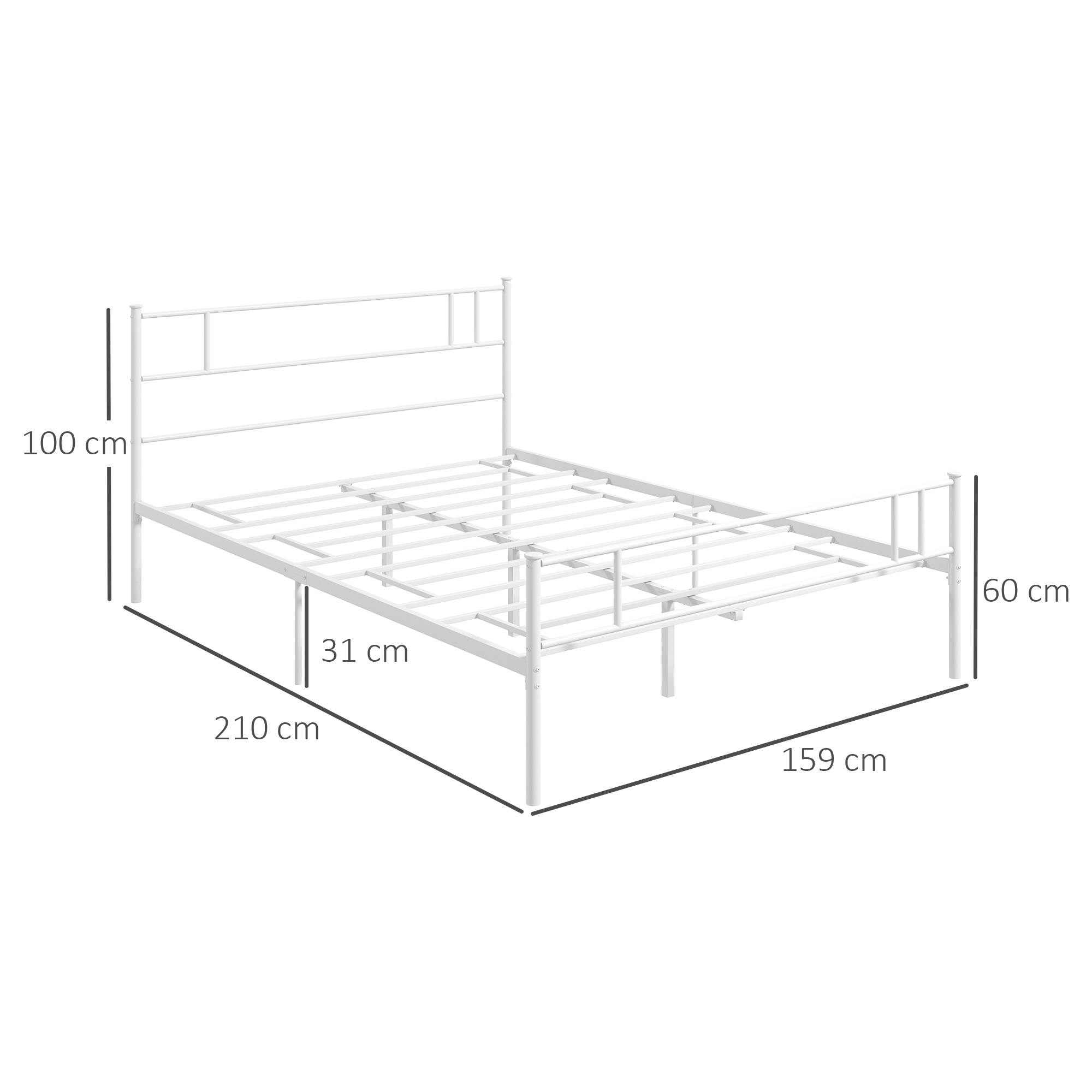 HOMCOM Metal Double Bed Frame with Headboard, Footboard, Metal Slats, and Underbed Storage, Bedroom Furniture, White.
