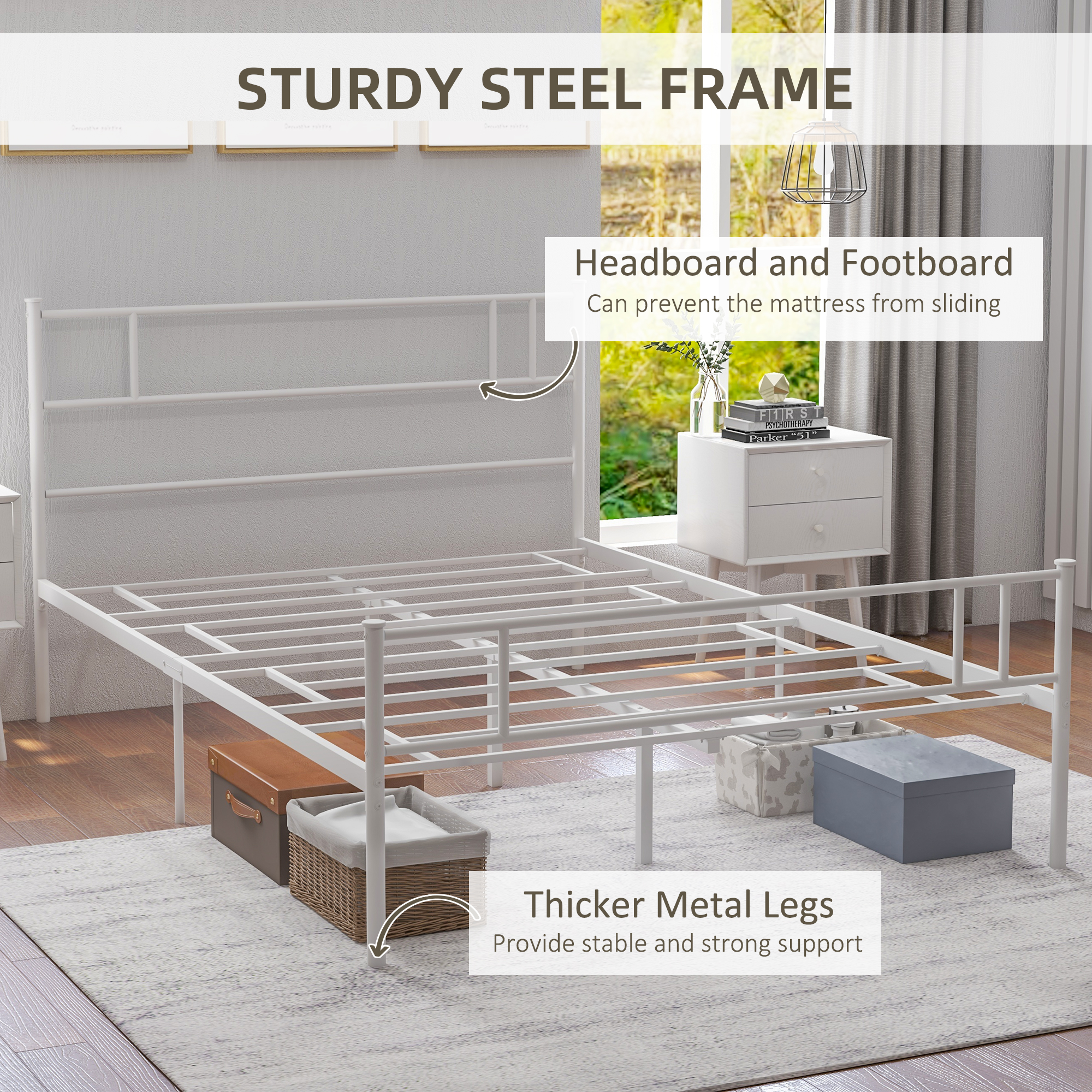 HOMCOM Metal Double Bed Frame with Headboard, Footboard, Metal Slats, and Underbed Storage, Bedroom Furniture, White.
