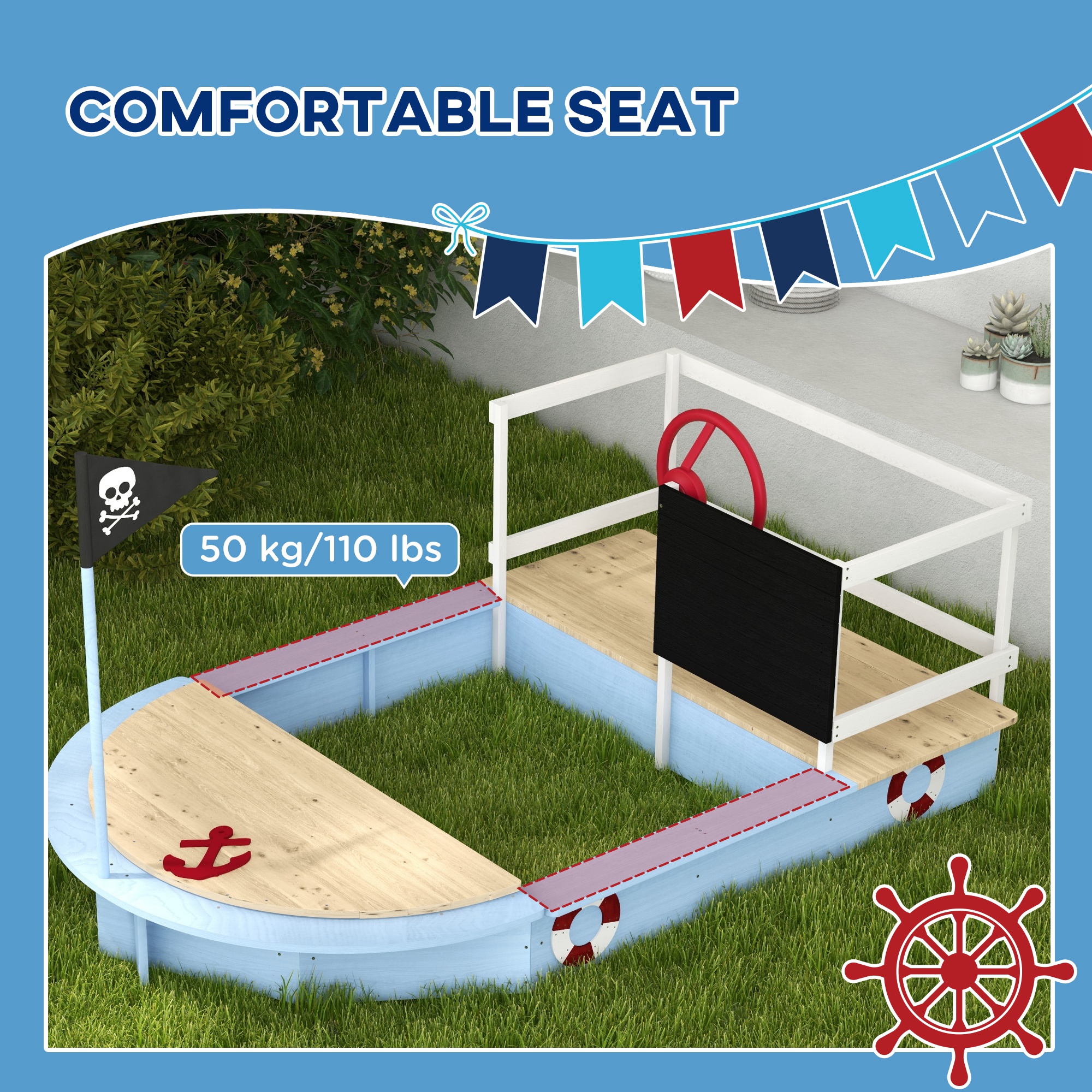 Outsunny Kids Wooden Sandbox, Pirate Ship Design, Spacious Outdoor Play Area, Nautical Blue