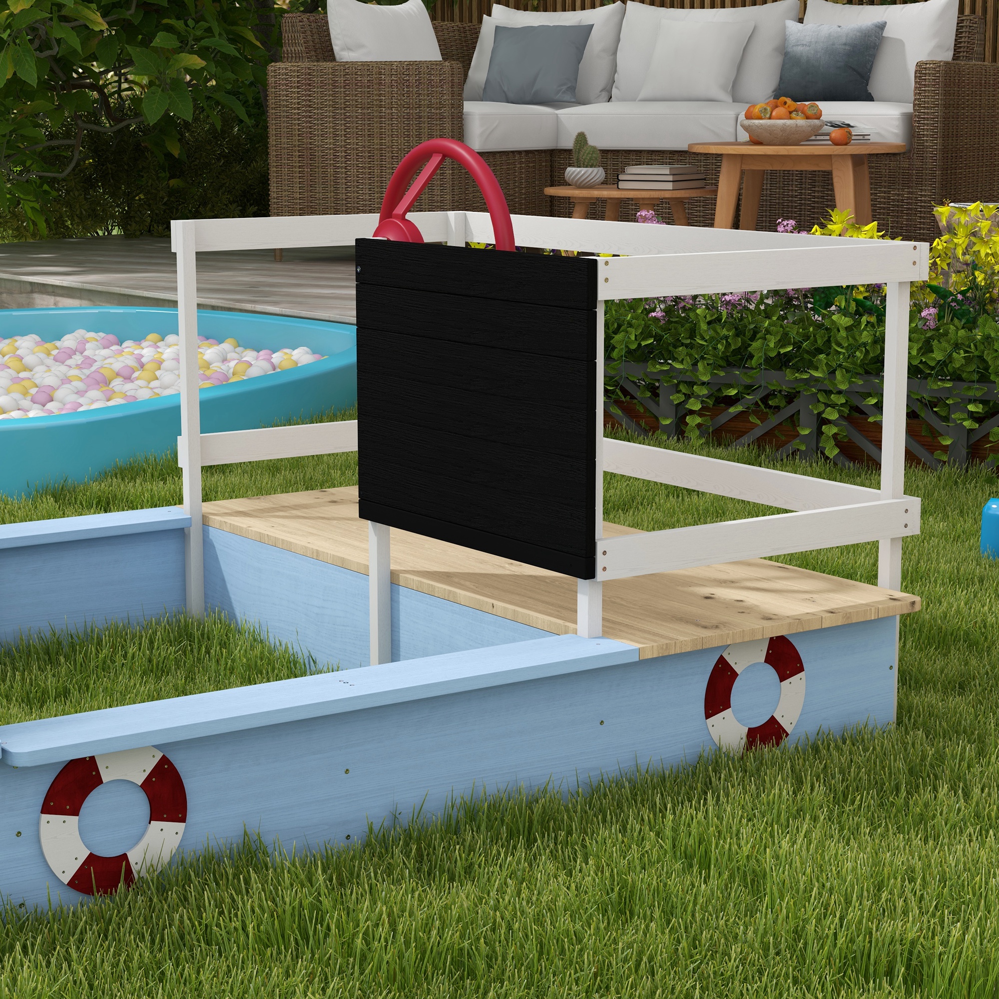 Outsunny Kids Wooden Sandbox, Pirate Ship Design, Spacious Outdoor Play Area, Nautical Blue