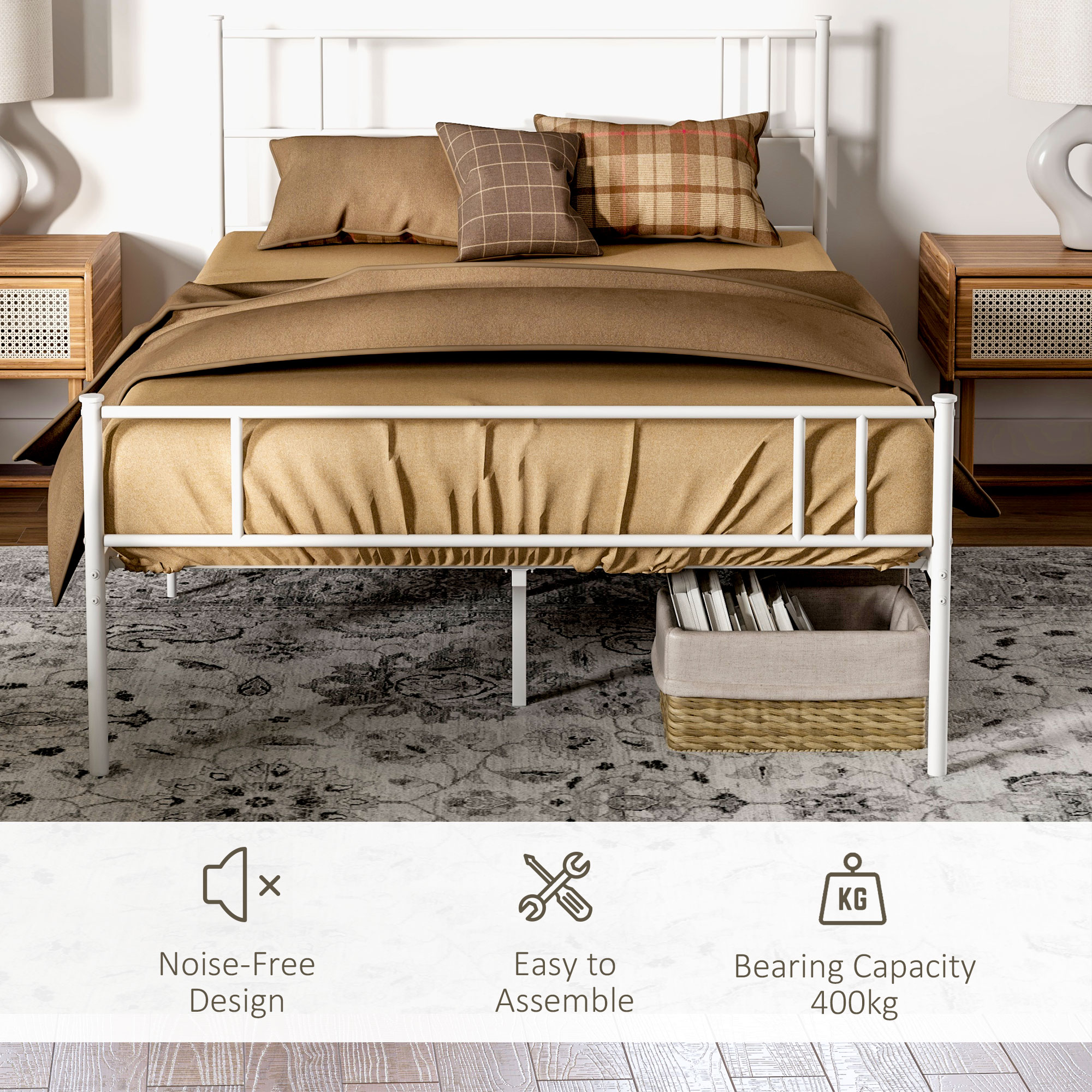 HOMCOM Metal Double Bed Frame with Headboard, Footboard, Metal Slats, and Underbed Storage, Bedroom Furniture, White.