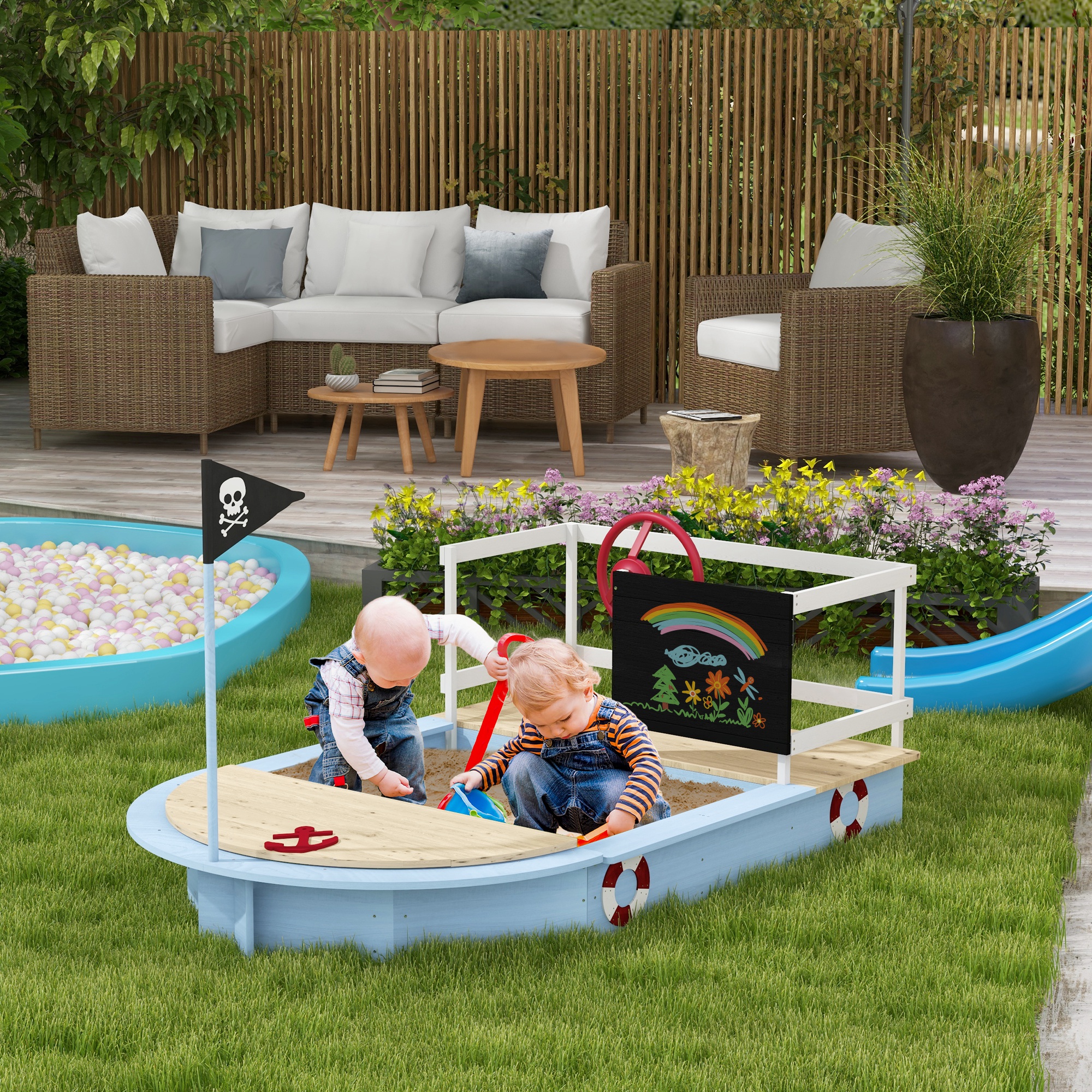 Outsunny Kids Wooden Sandbox, Pirate Ship Design, Spacious Outdoor Play Area, Nautical Blue
