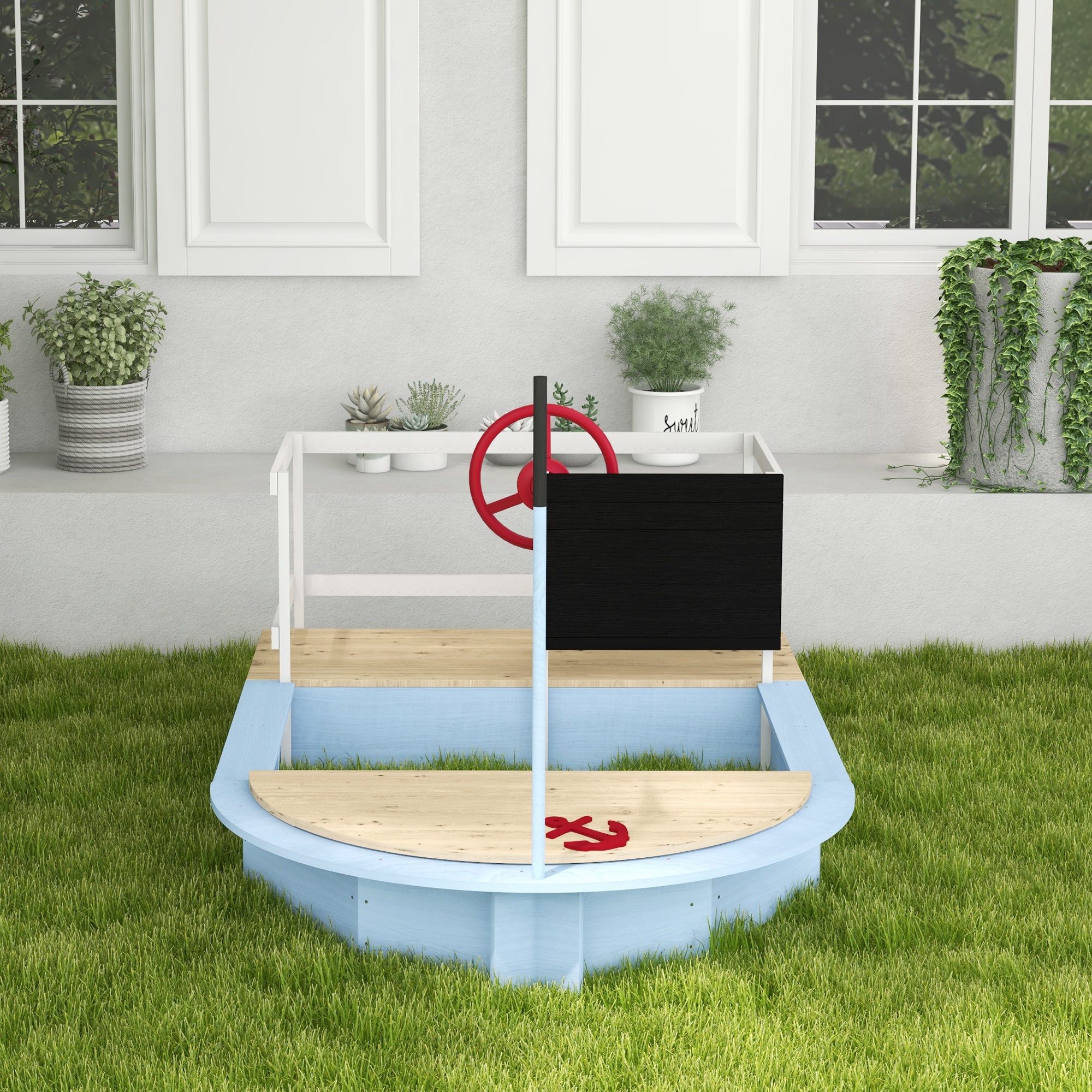 Outsunny Kids Wooden Sandbox, Pirate Ship Design, Spacious Outdoor Play Area, Nautical Blue