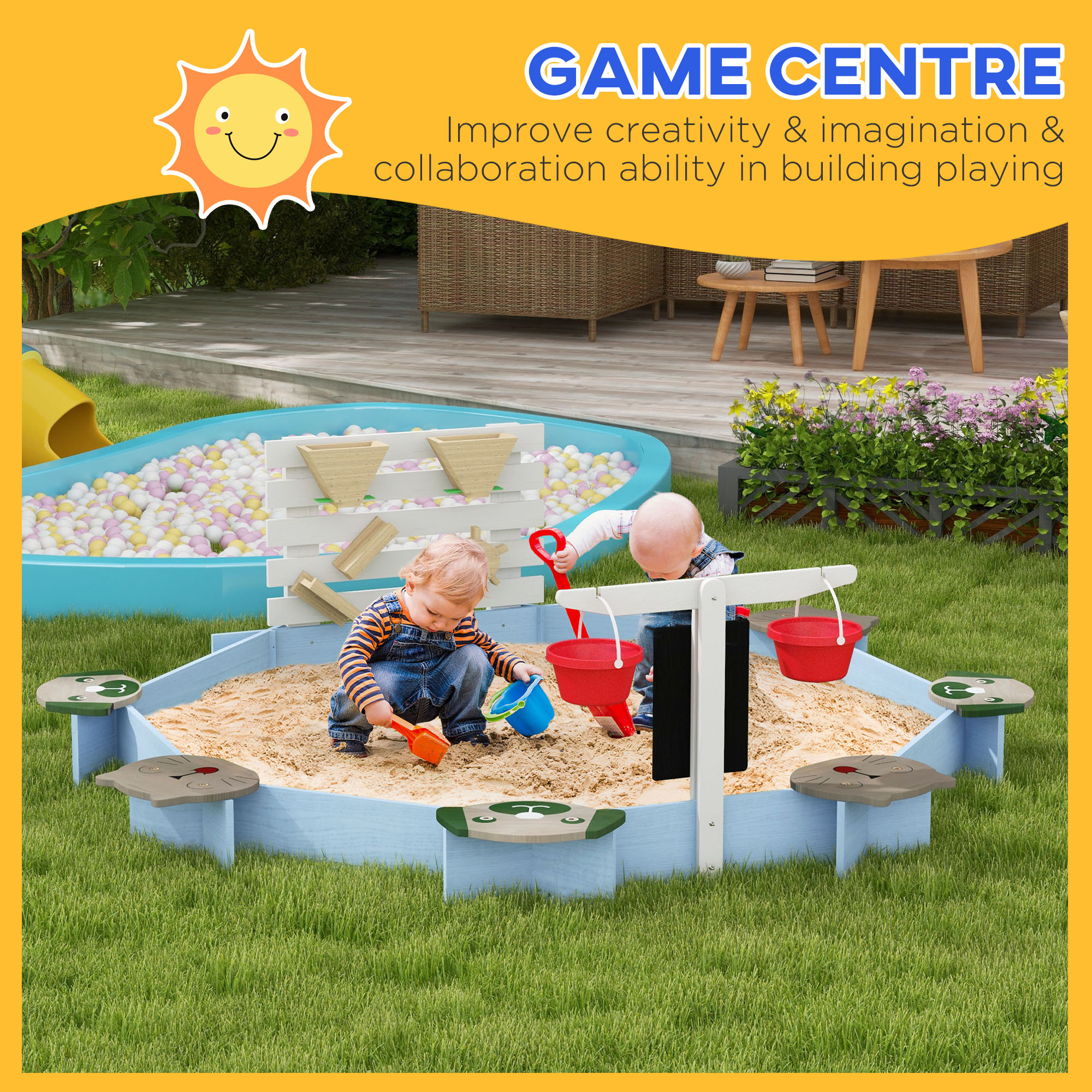 Outsunny Kids Sandbox with Wooden Frame and 6 Seats, Creative Play Area, Blue