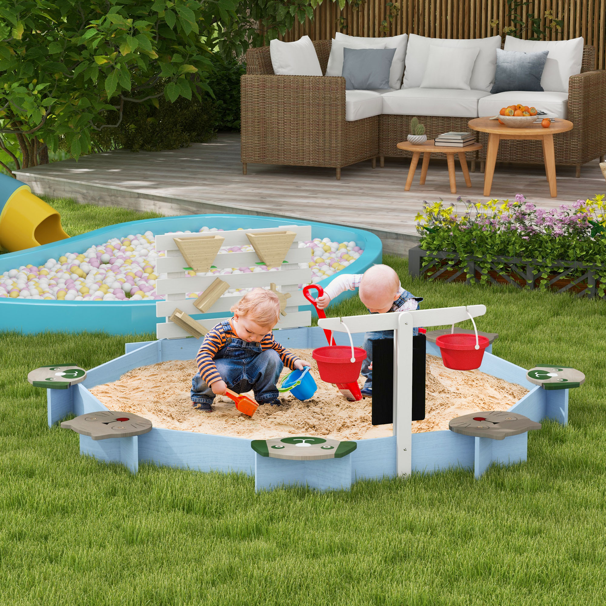 Outsunny Kids Sandbox with Wooden Frame and 6 Seats, Creative Play Area, Blue