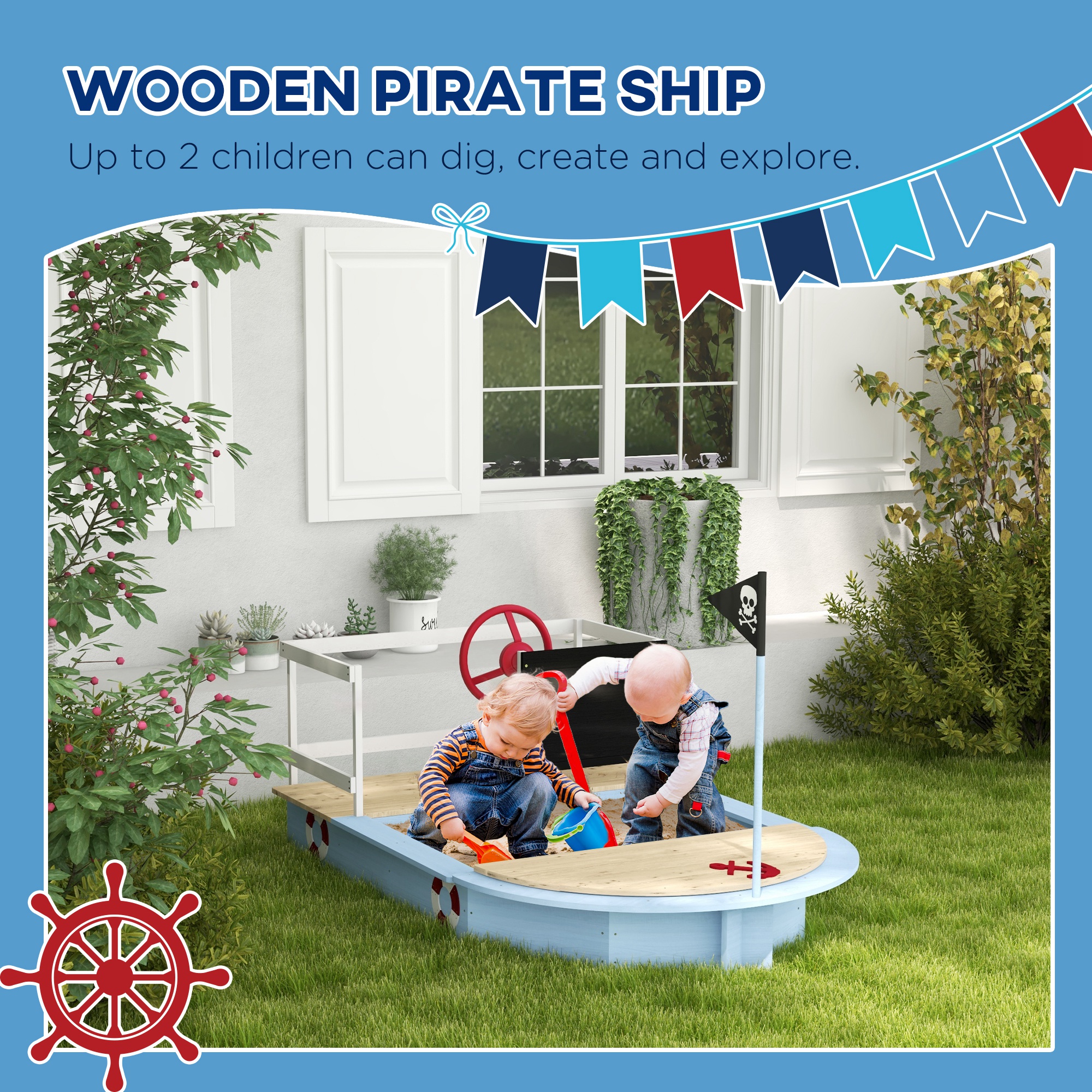 Outsunny Kids Wooden Sandbox, Pirate Ship Design, Spacious Outdoor Play Area, Nautical Blue
