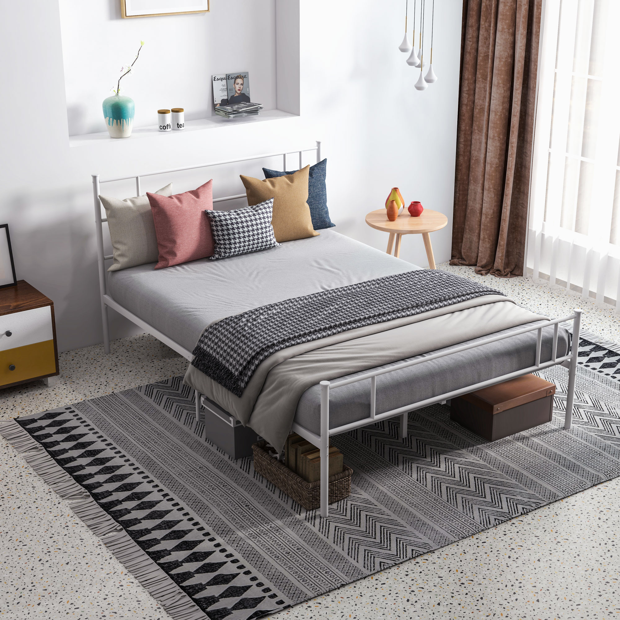 HOMCOM Metal Double Bed Frame with Headboard, Footboard, Metal Slats, and Underbed Storage, Bedroom Furniture, White.