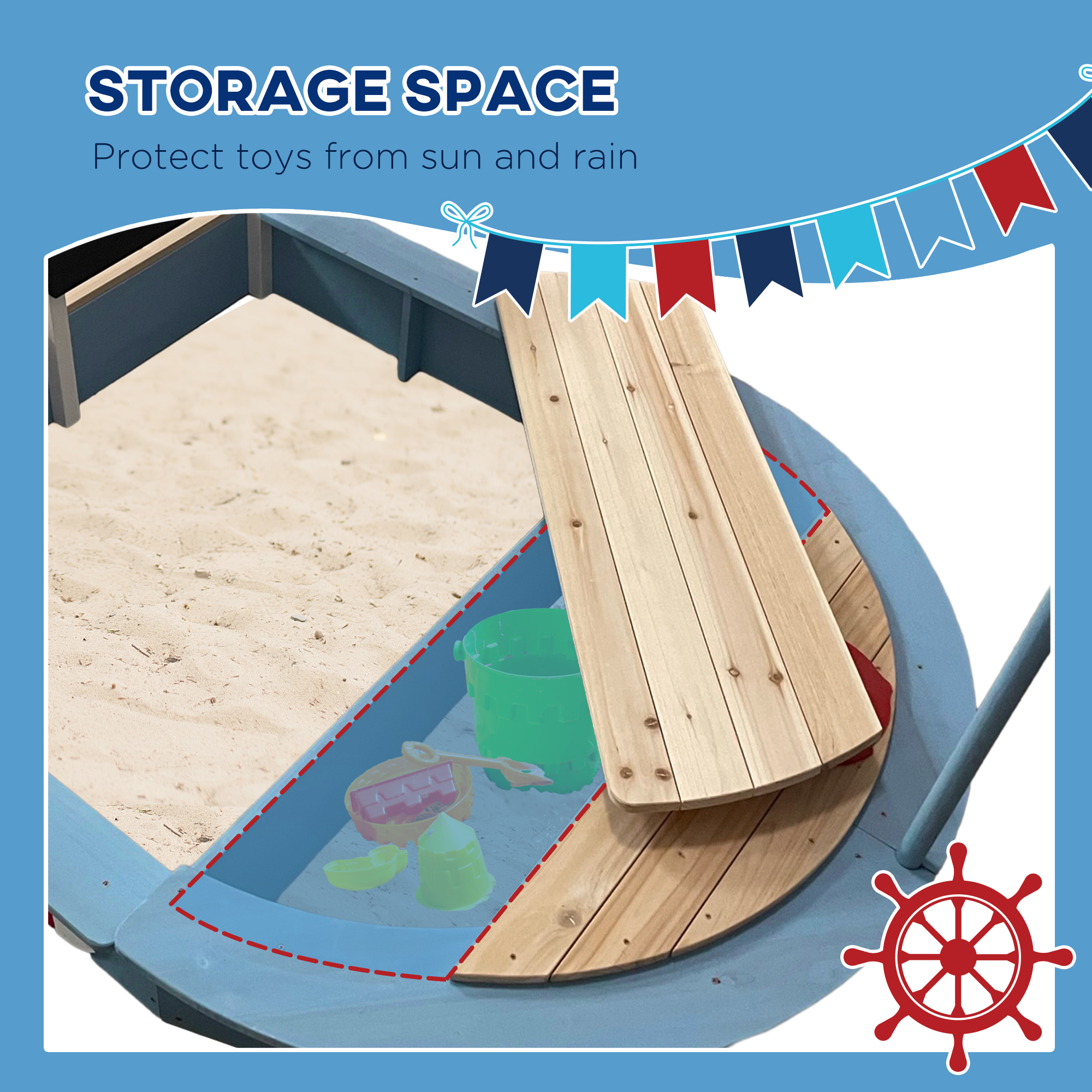 Outsunny Kids Wooden Sandbox, Pirate Ship Design, Spacious Outdoor Play Area, Nautical Blue