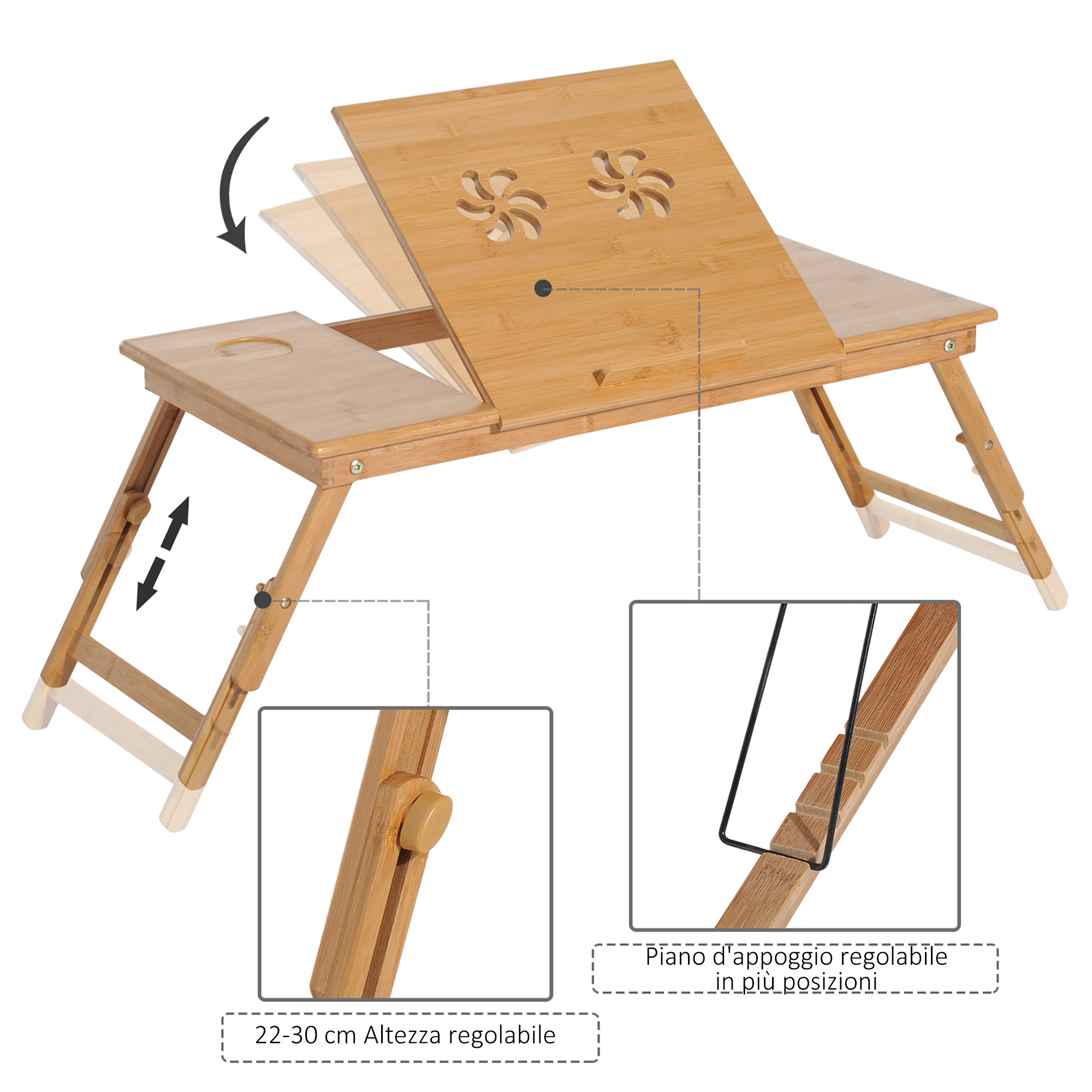 Tavolino Da Letto Pieghevole Estink In Bambù - 50x30cm - Altezza E Inclinazione Regolabile - Scrivania Portatile Per PC E Laptop