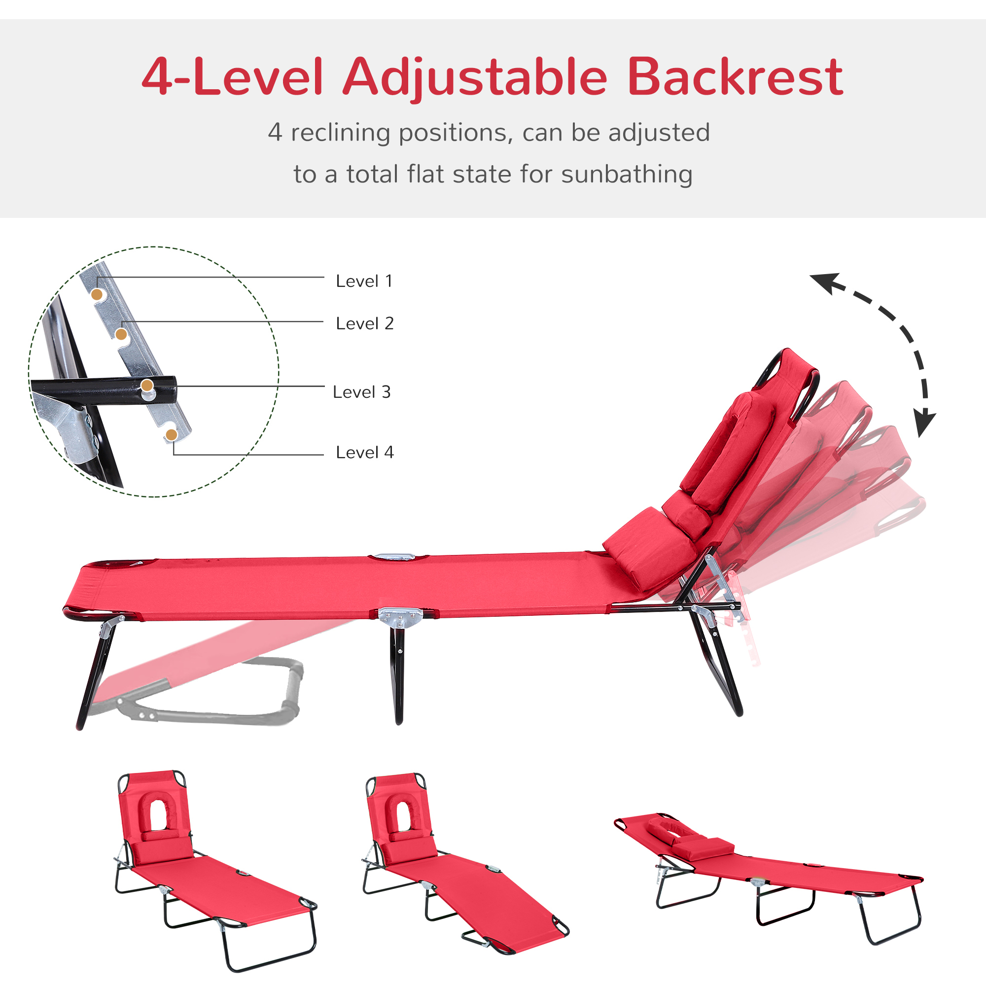 Outsunny Foldable Outdoor Sun Lounger Adjustable Backrest Reclining Chair with Pillow and Reading Hole Garden Beach, Red