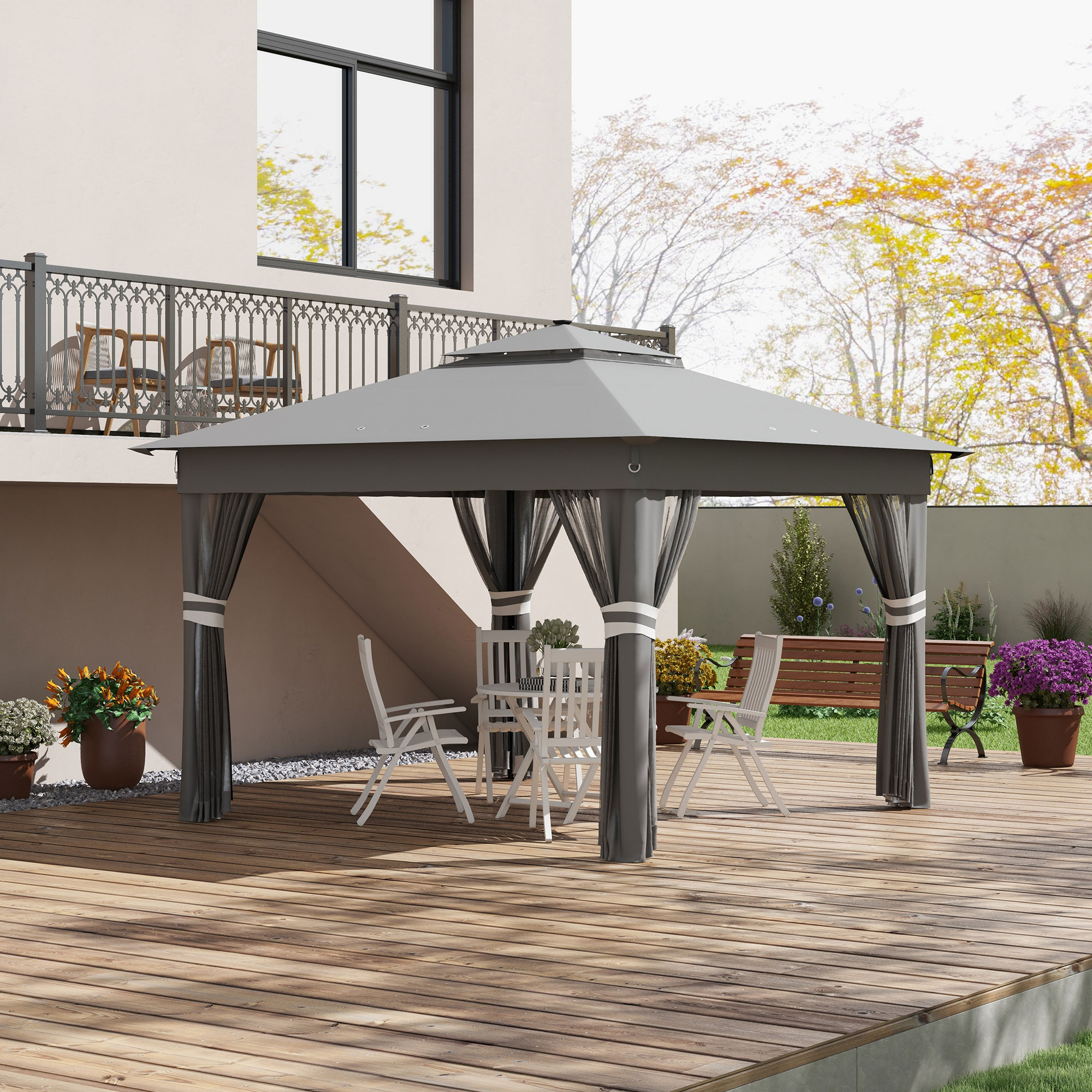 Outsunny 3 x 3(m) Pop Up Gazebo Party Tent with Solar-Powered LED Lights, Adjustable Event Shelter with Curtain, Netting, Grey