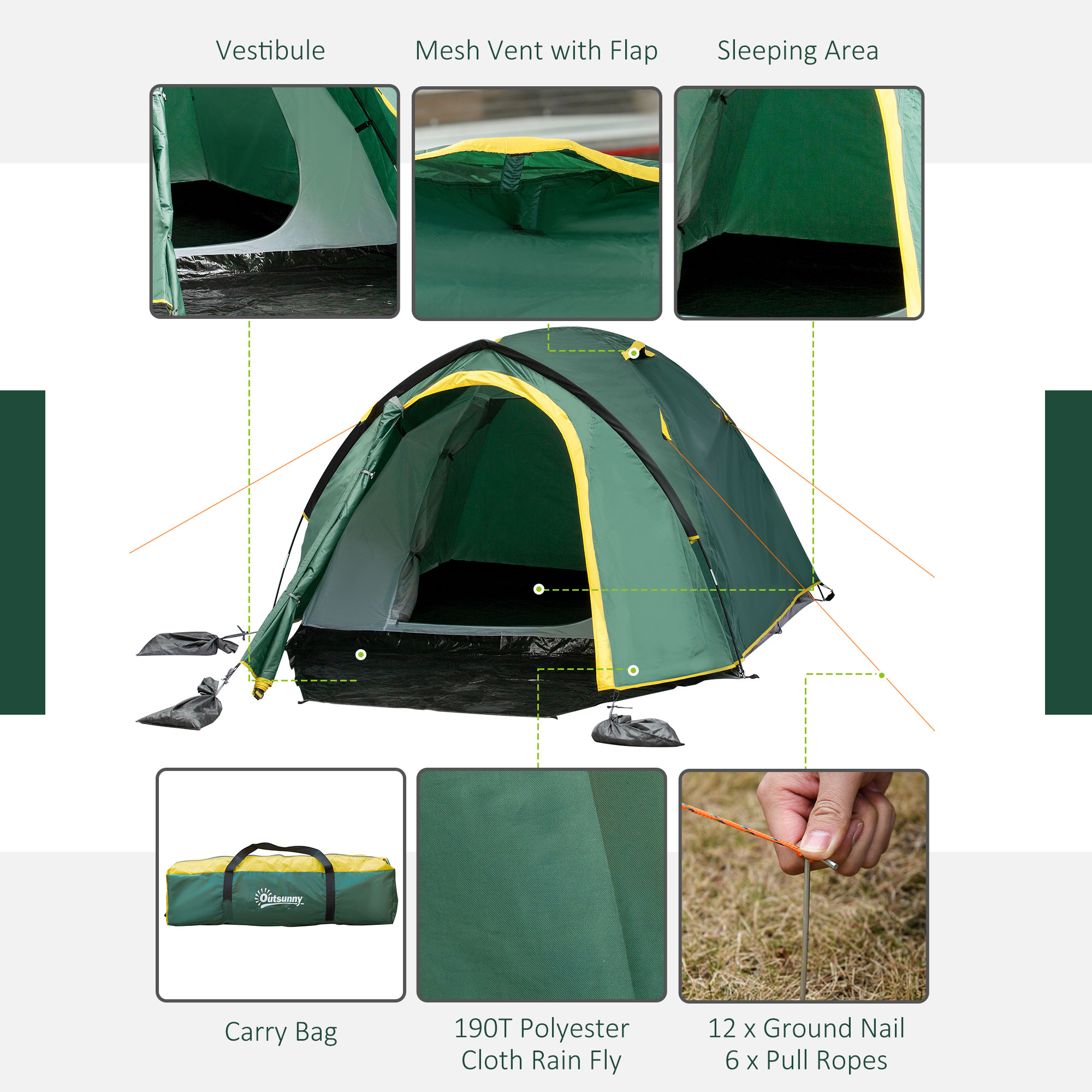 Outsunny Dome Camping Tent for 2, Waterproof with Large Windows, Adventure Ready, Green & Yellow