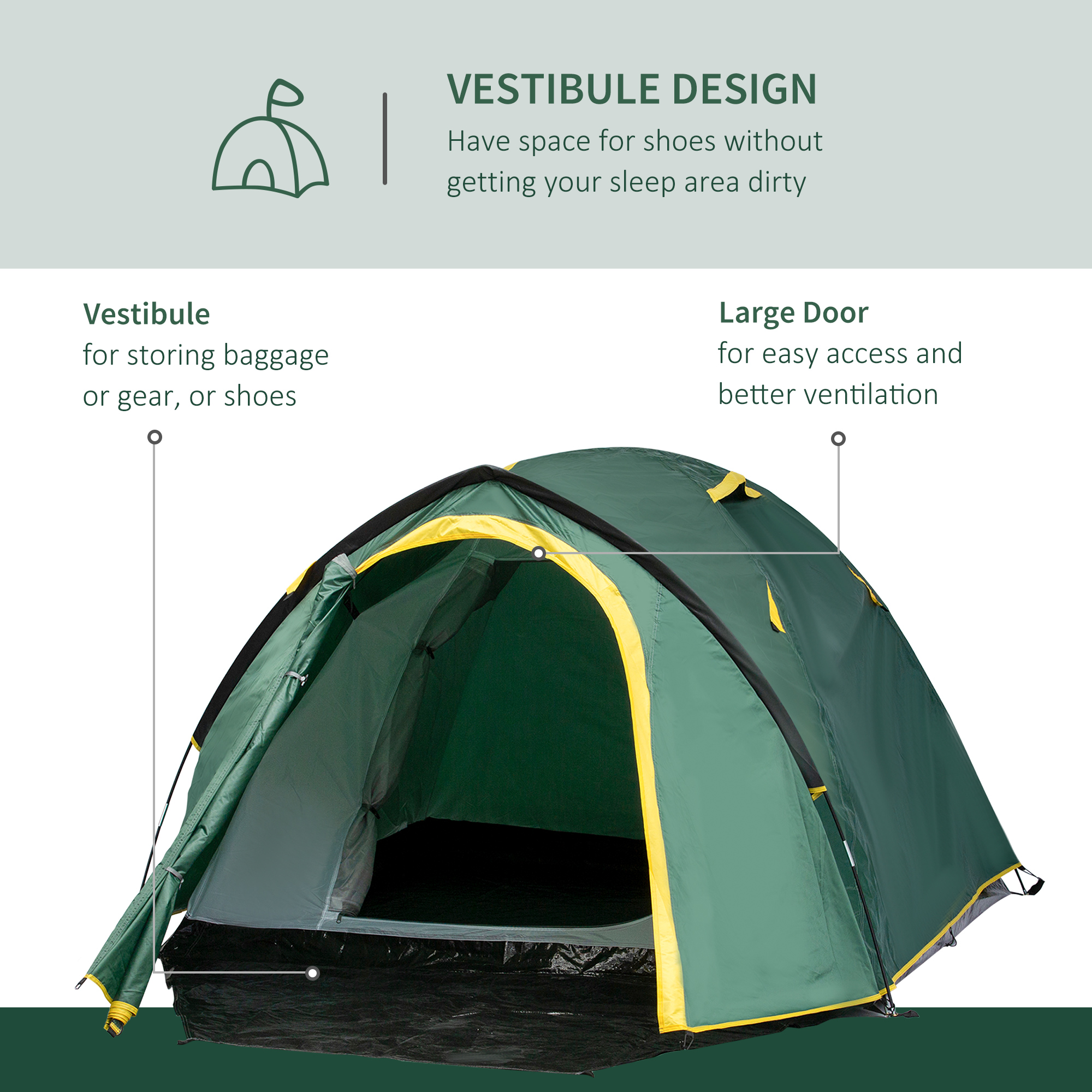 Outsunny Dome Camping Tent for 2, Waterproof with Large Windows, Adventure Ready, Green & Yellow