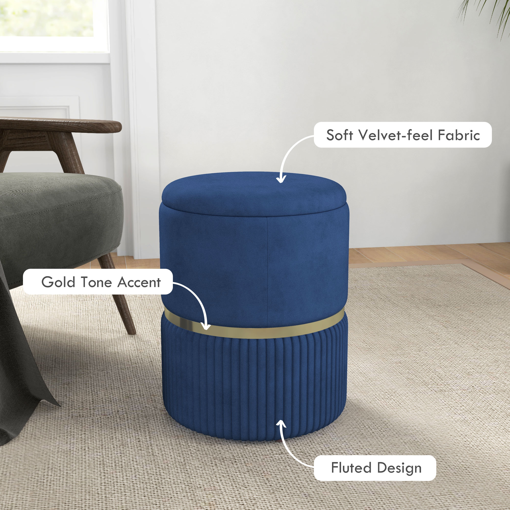 HOMCOM Round Ottoman Stool with Storage, Velvet-feel Fabric Pouffe, Padded Seat Foot Stool, Blue