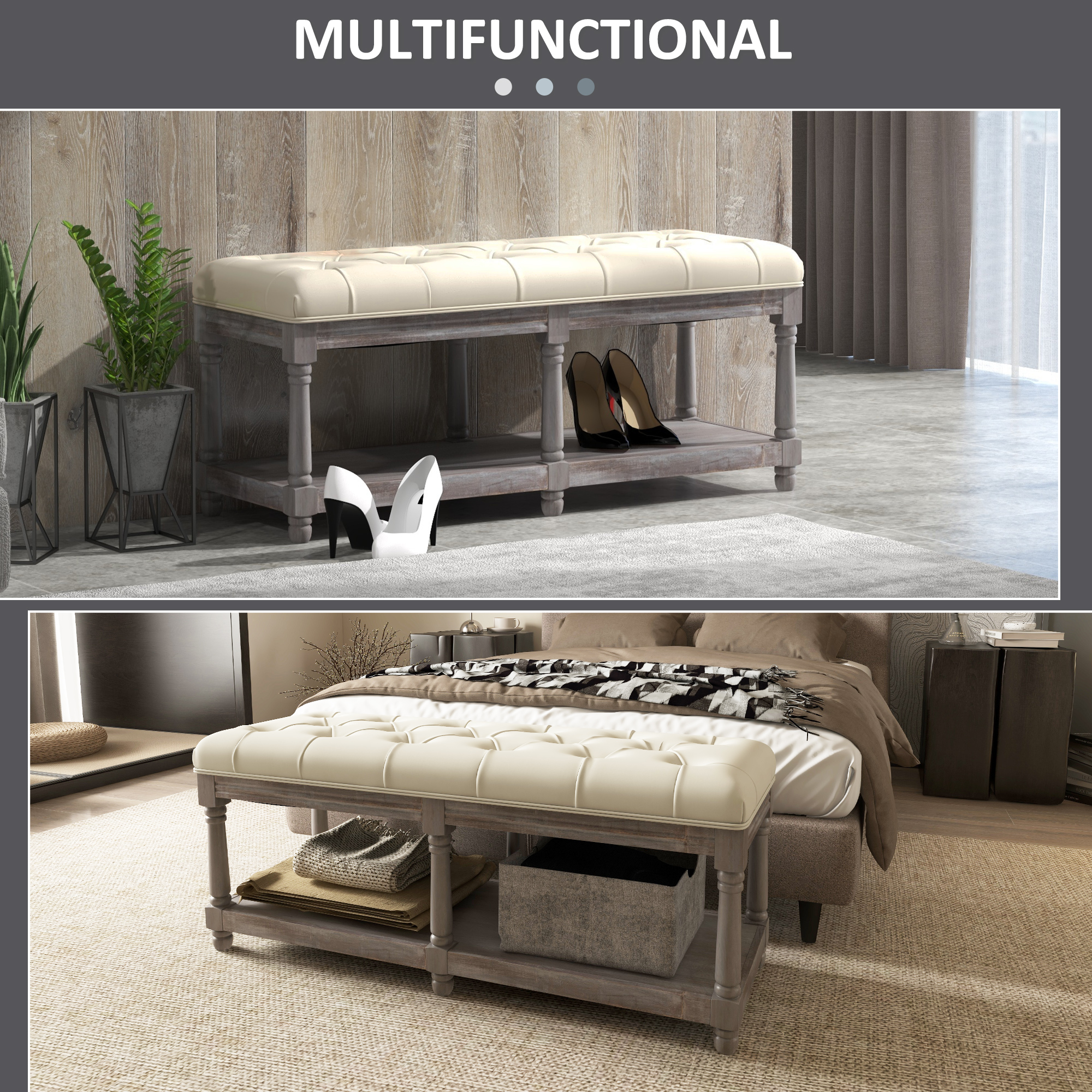 HOMCOM 2 Tier Shoe Rack Bench with Button Tufted Upholstered Cushion, Vintage Bed End Bench, Wooden Window Seat for Hallway, Living Room, Cream White