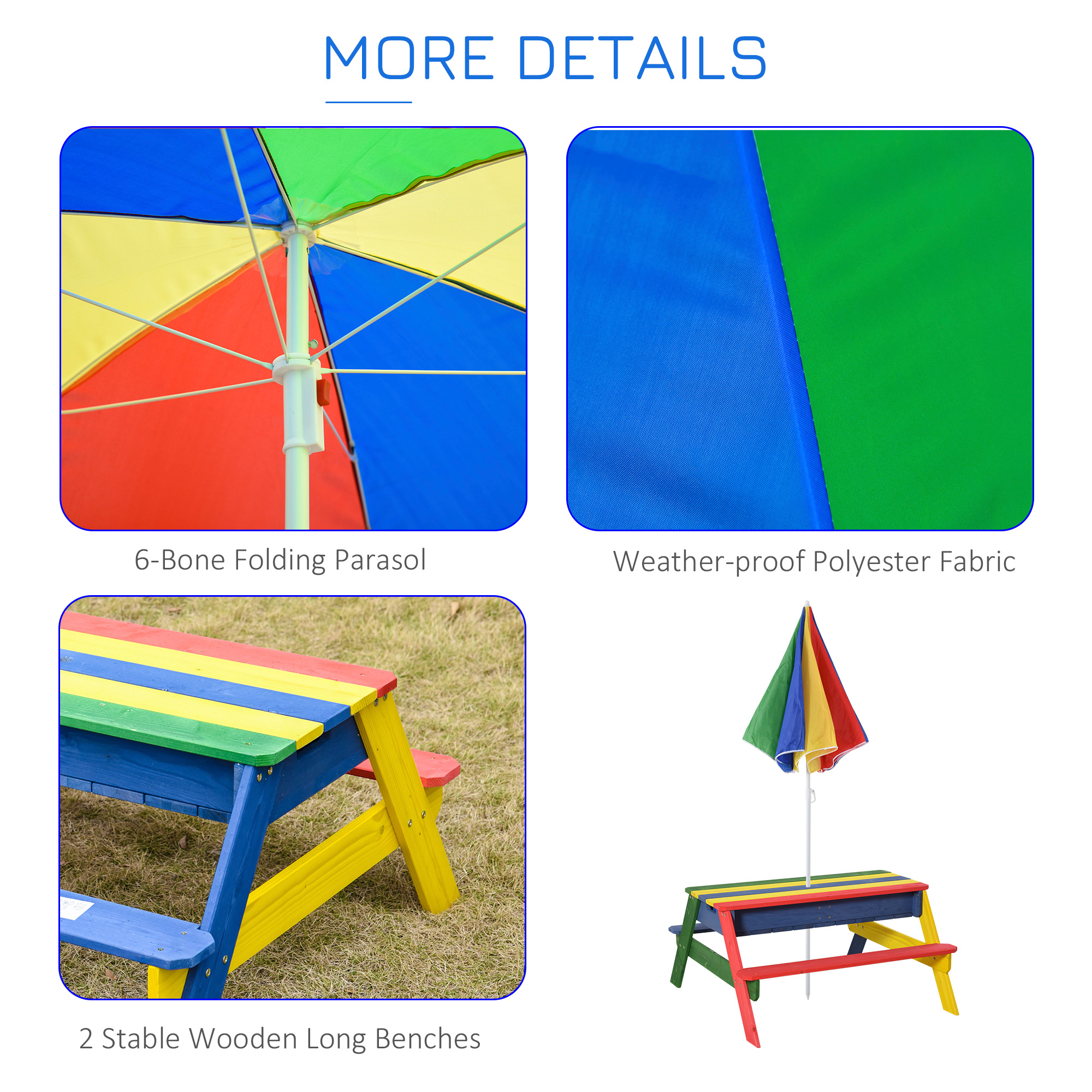 Outsunny Kids Picnic Table Set Wooden Bench Rainbow with Sandbox Removable & Height Adjustable Parasol Outdoor Garden Patio Backyard Beach