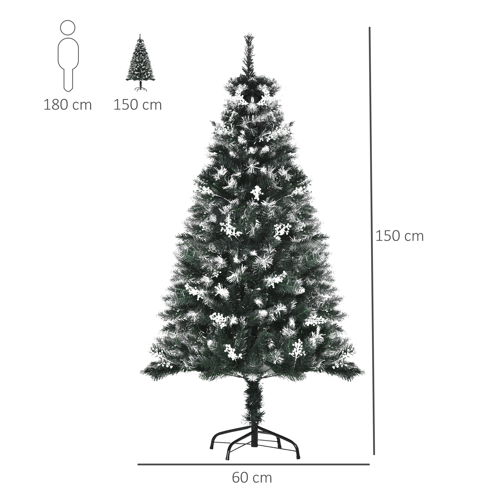HOMCOM 5FT Artificial Snow Dipped Christmas Tree Xmas Pencil Tree Holiday Home Indoor Decoration with Foldable Feet White Berries Dark Green