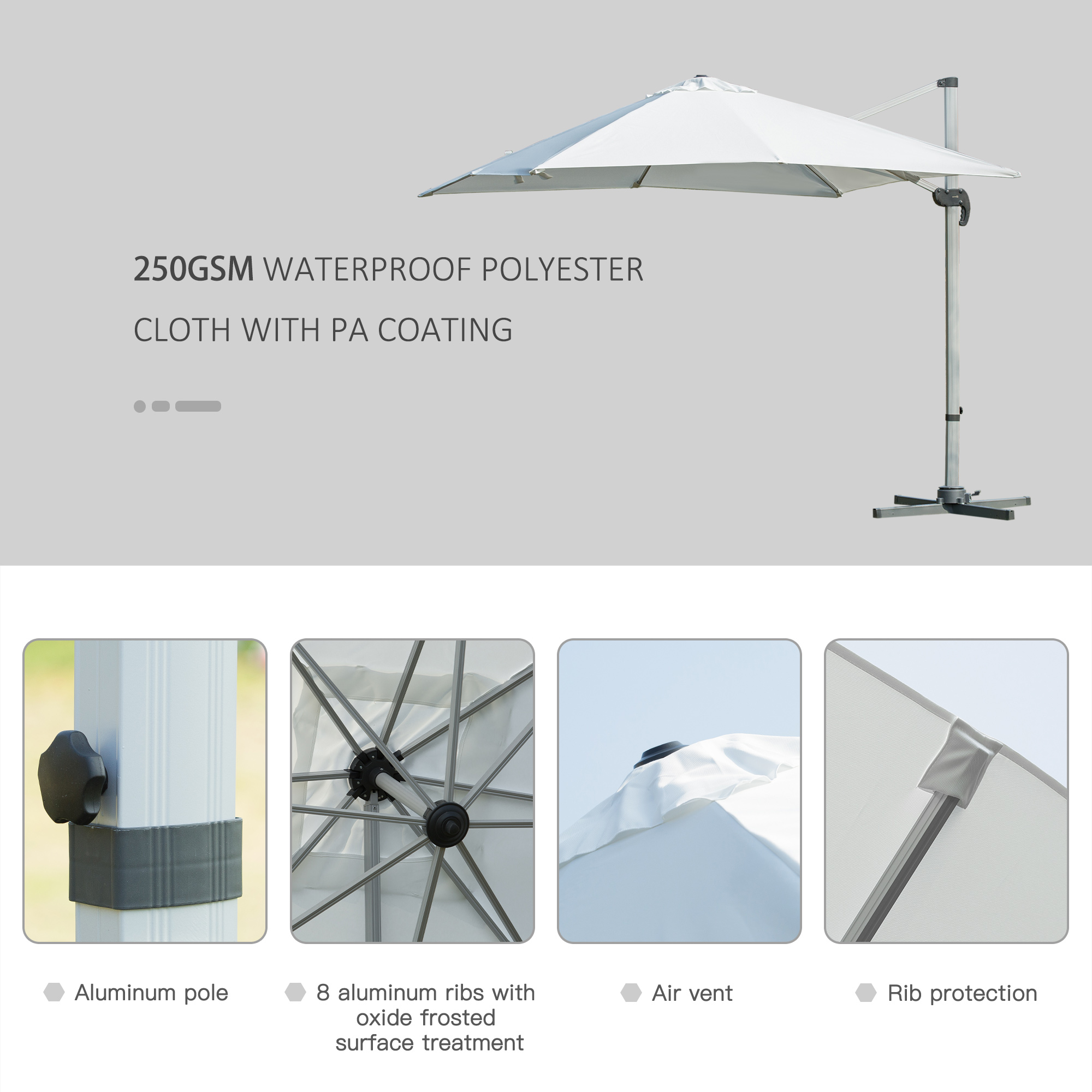Outsunny 3m Cantilever Roma Parasol Aluminium Frame 360 Rotation Hanging Parasol with/ Cross Base White