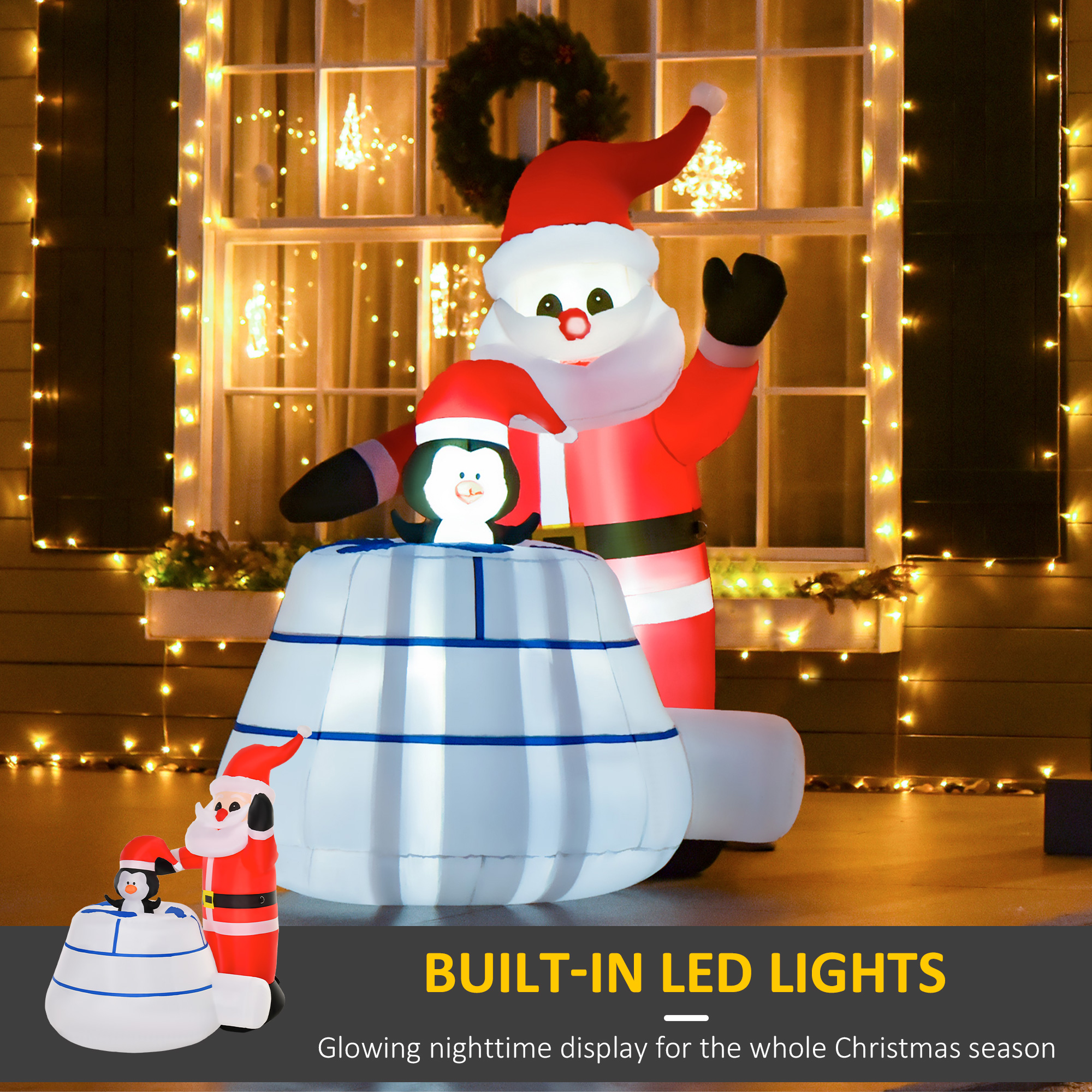 HOMCOM 1.6m Christmas Inflatable Santa Claus and Penguin with Ice House Built-in LED Blow Up Decoration Outdoor, Xmas Decor for Holiday Party Garden