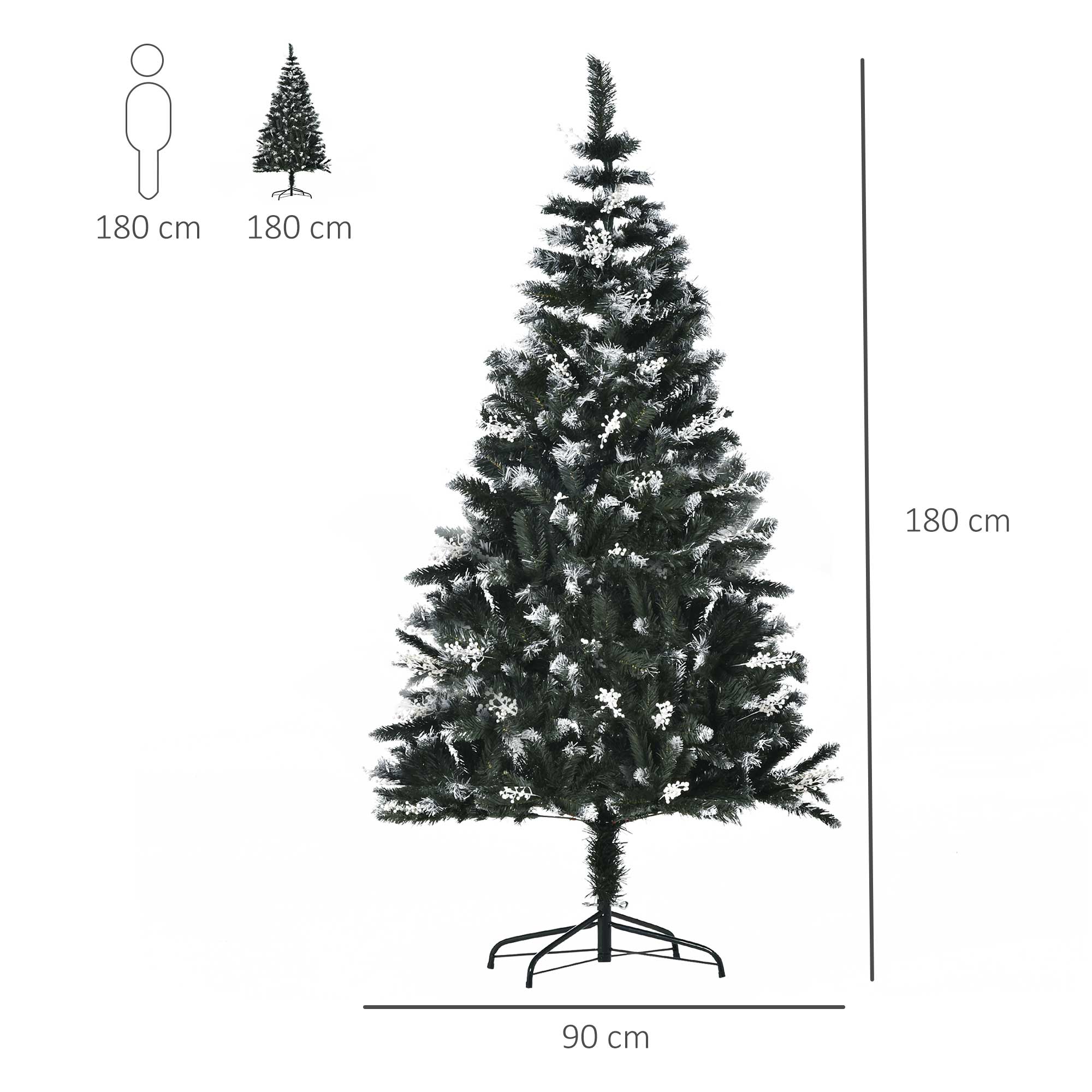HOMCOM 6FT Artificial Snow Dipped Christmas Tree Xmas Pencil Tree Holiday Home Indoor Decoration with Foldable Feet White Berries Dark Green