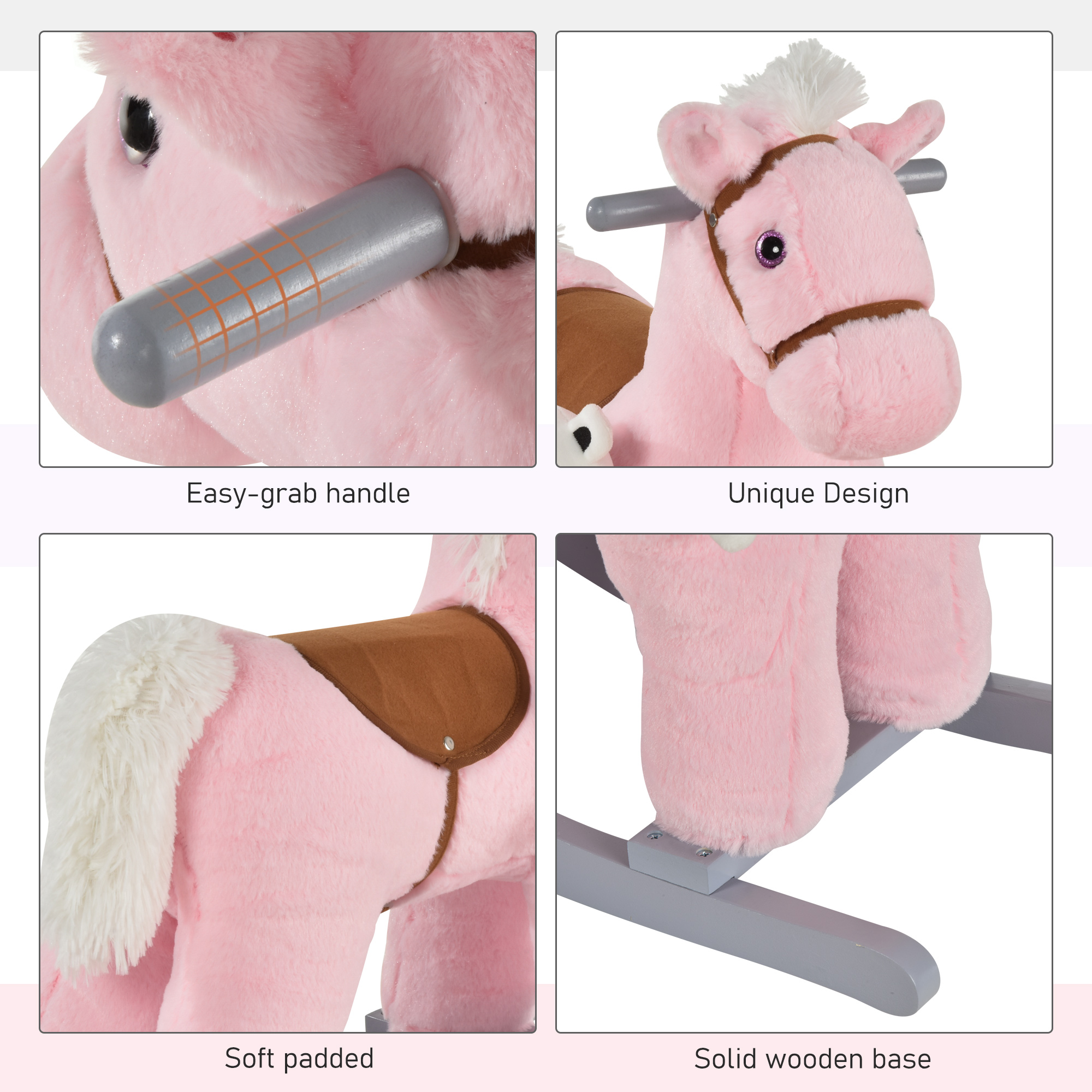 HOMCOM Plush Children's Rocking Horse Toy with Realistic Sounds, Soft Ride-On for Toddlers 18-36 Months, Pink