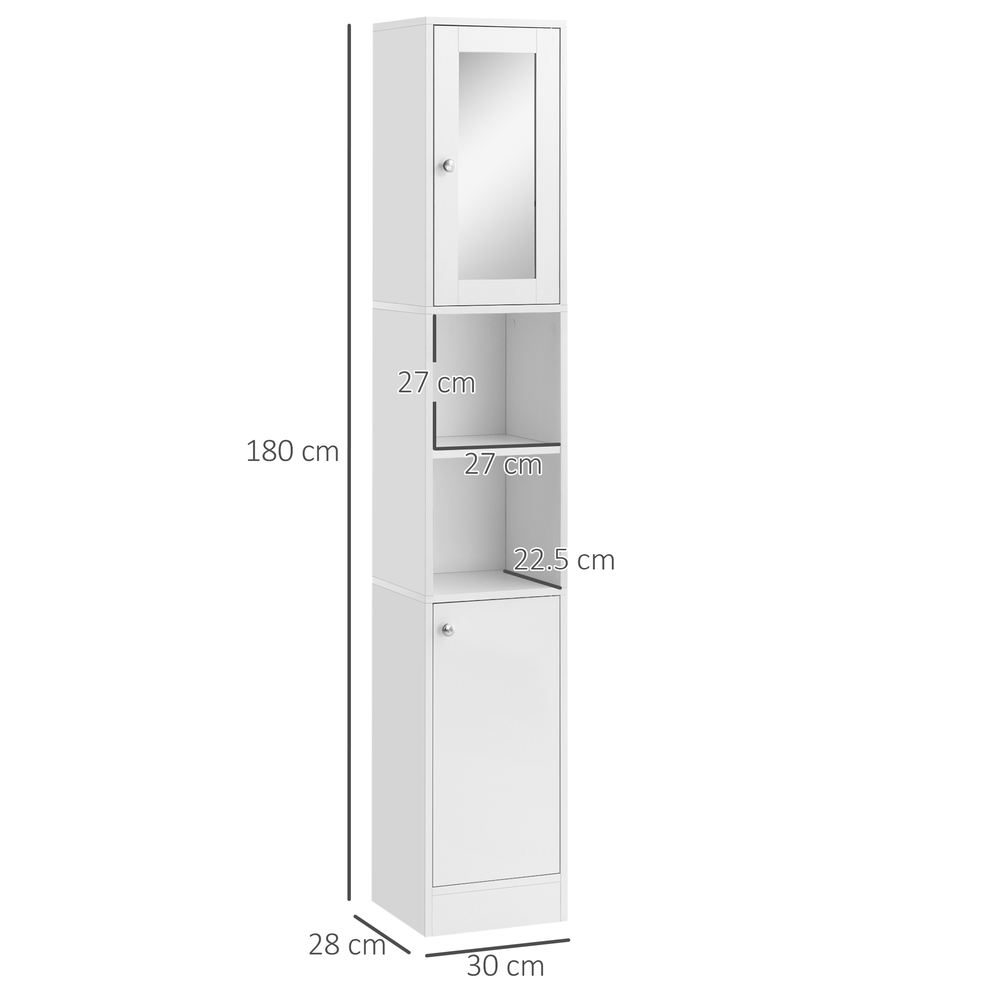 HOMCOM Freestanding Tall Bathroom Cabinet with Mirror Door, Adjustable Shelf Floor Storage Tallboy Unit, White