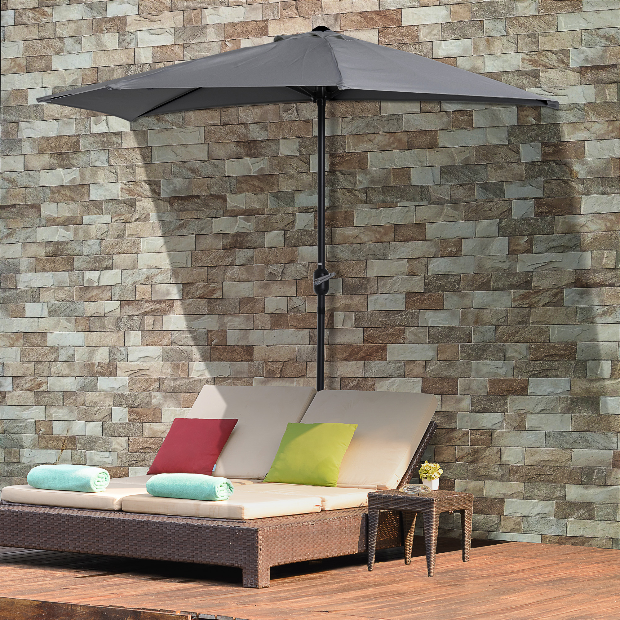 Outsunny Half Round Umbrella Parasol 3m, Grey Polyester with Aluminum Frame, Space-Saving Design