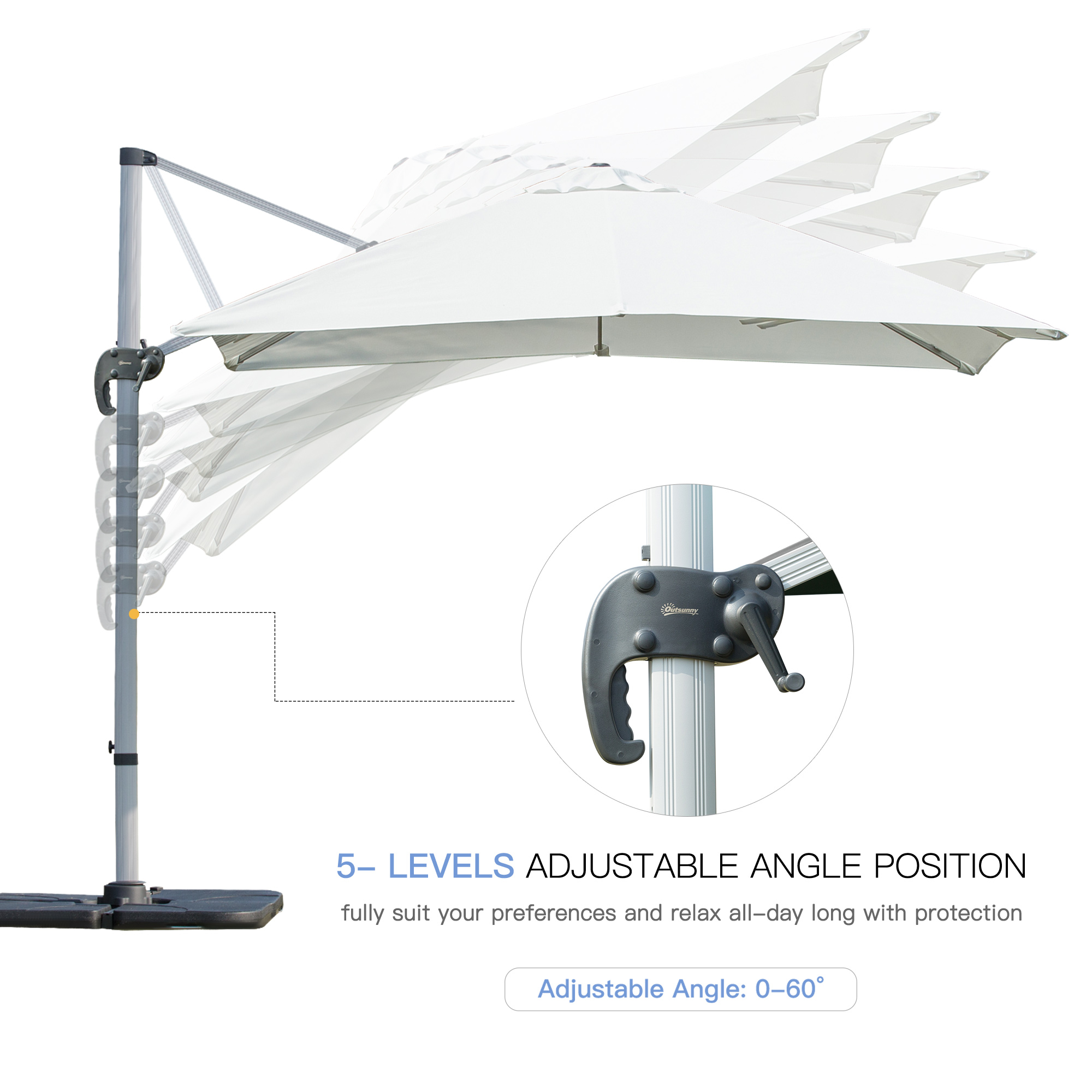 Outsunny 3m Cantilever Roma Parasol Aluminium Frame 360 Rotation Hanging Parasol with/ Cross Base White