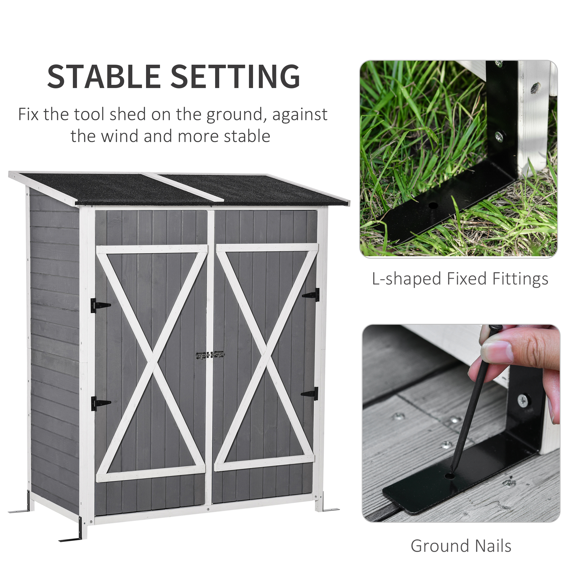 Outsunny Garden Wood Storage Shed w/ Storage Table, Hooks and Ground Nails Multifunction Lockable Sheds Tool Organizer, 139 x 75 x 160cm, Grey