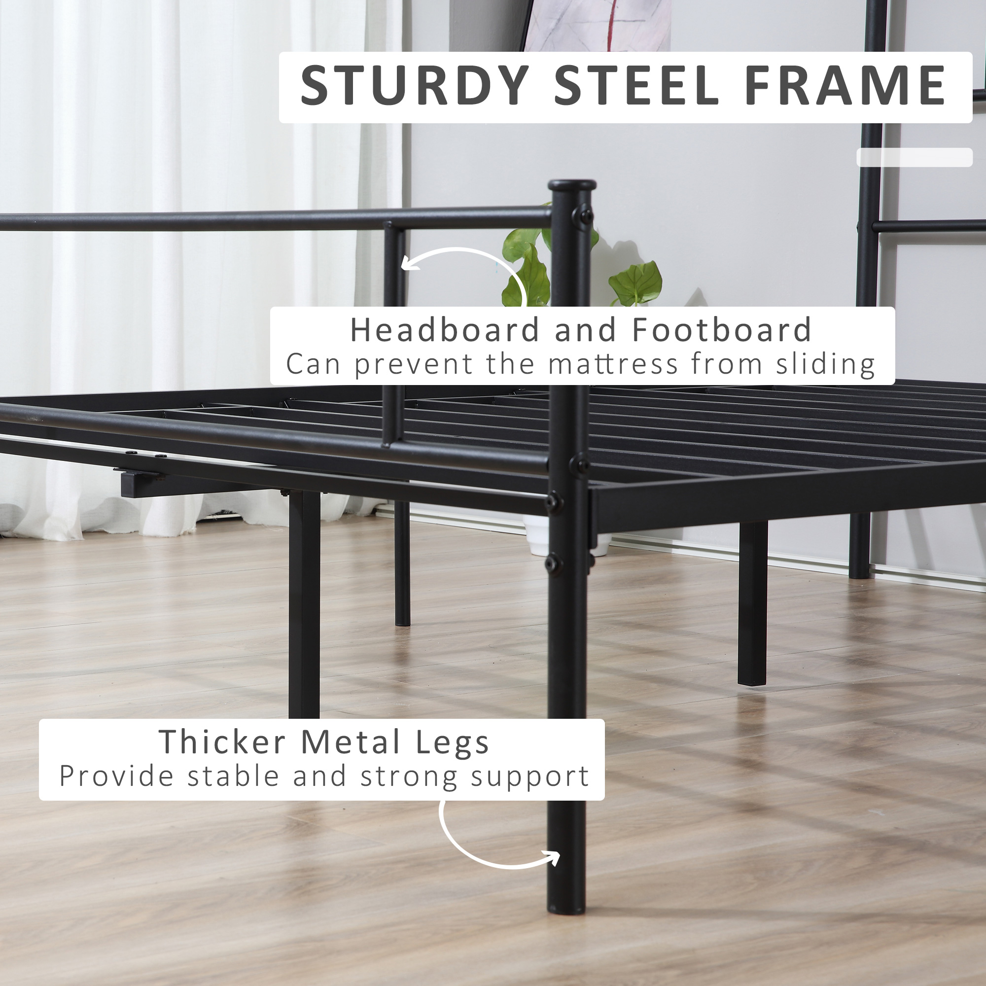 HOMCOM King Size Metal Bed Frame, Solid Bedstead with Headboard, Footboard, Metal Slat Support, Underbed Storage, Bedroom Furniture