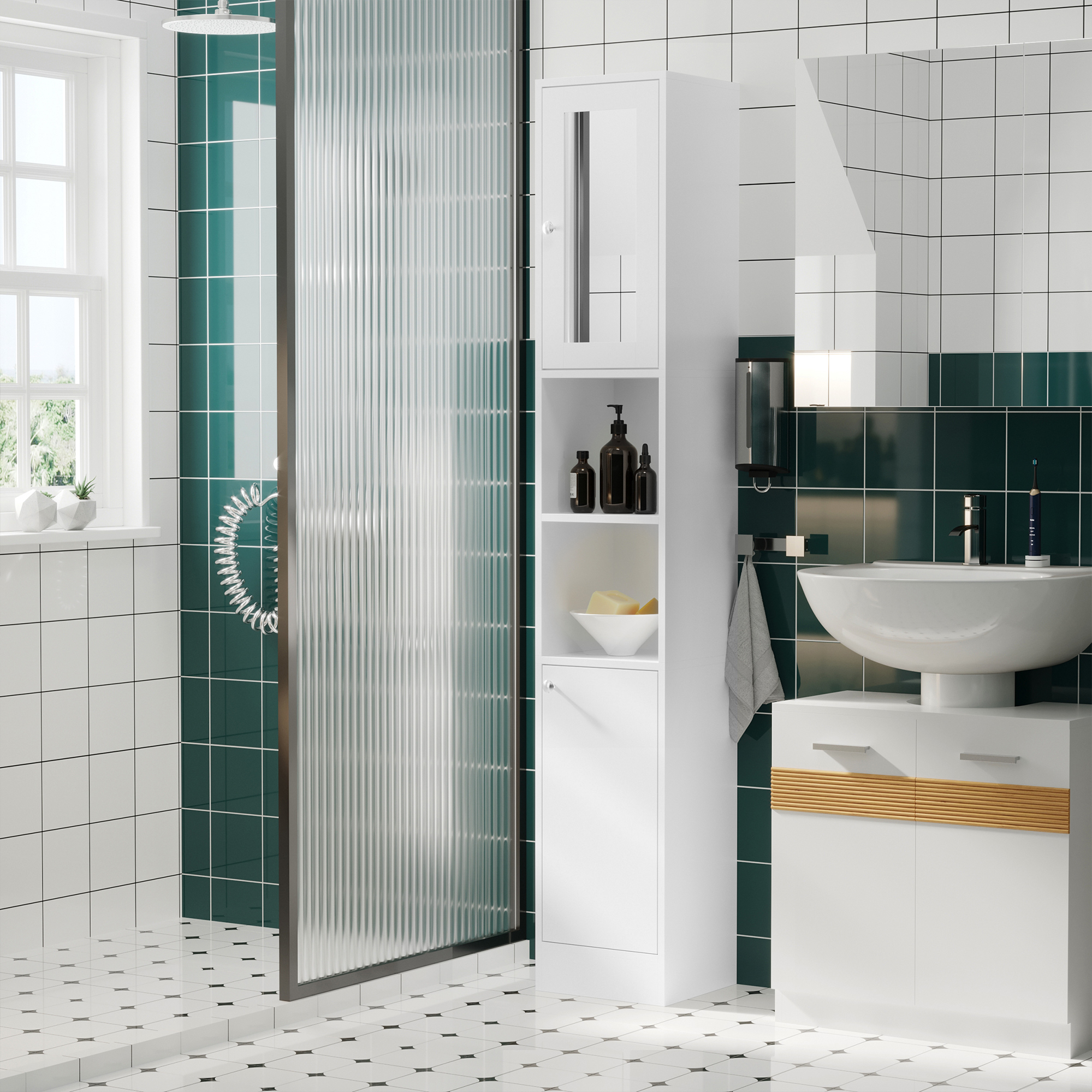HOMCOM Freestanding Tall Bathroom Cabinet with Mirror Door, Adjustable Shelf Floor Storage Tallboy Unit, White