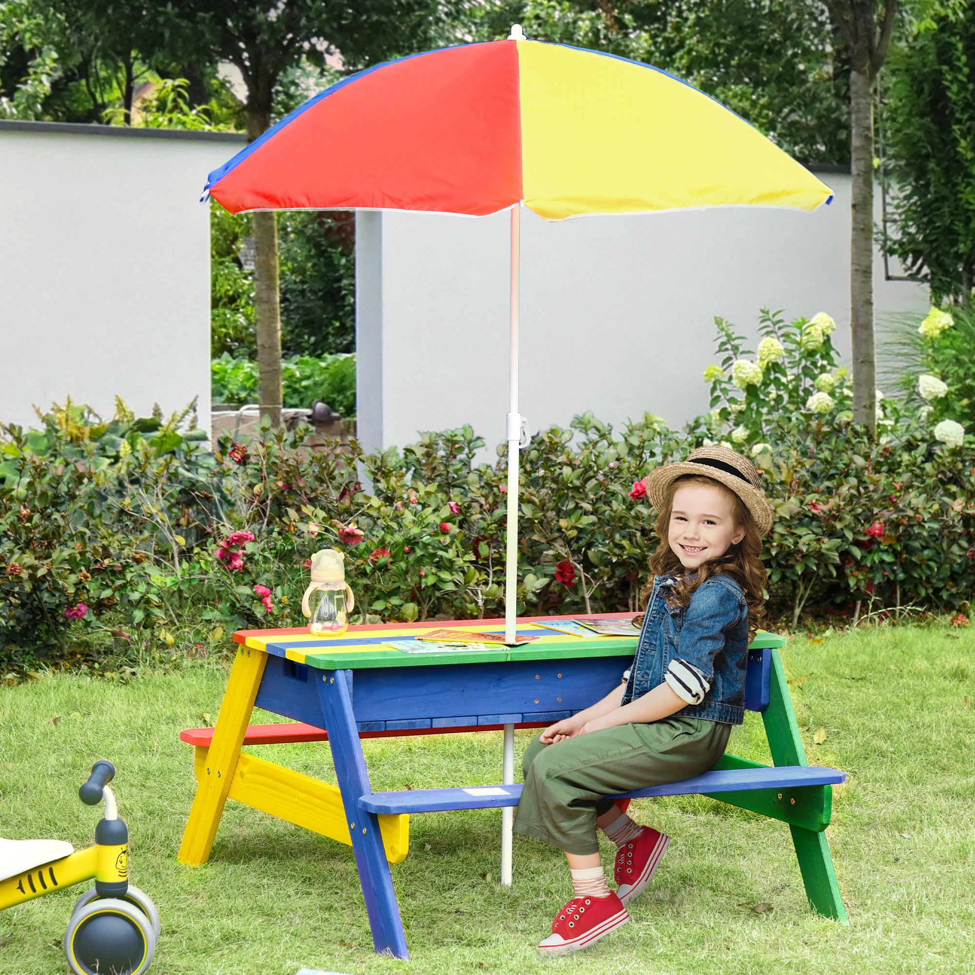 Outsunny Kids Picnic Table Set Wooden Bench Rainbow with Sandbox Removable & Height Adjustable Parasol Outdoor Garden Patio Backyard Beach