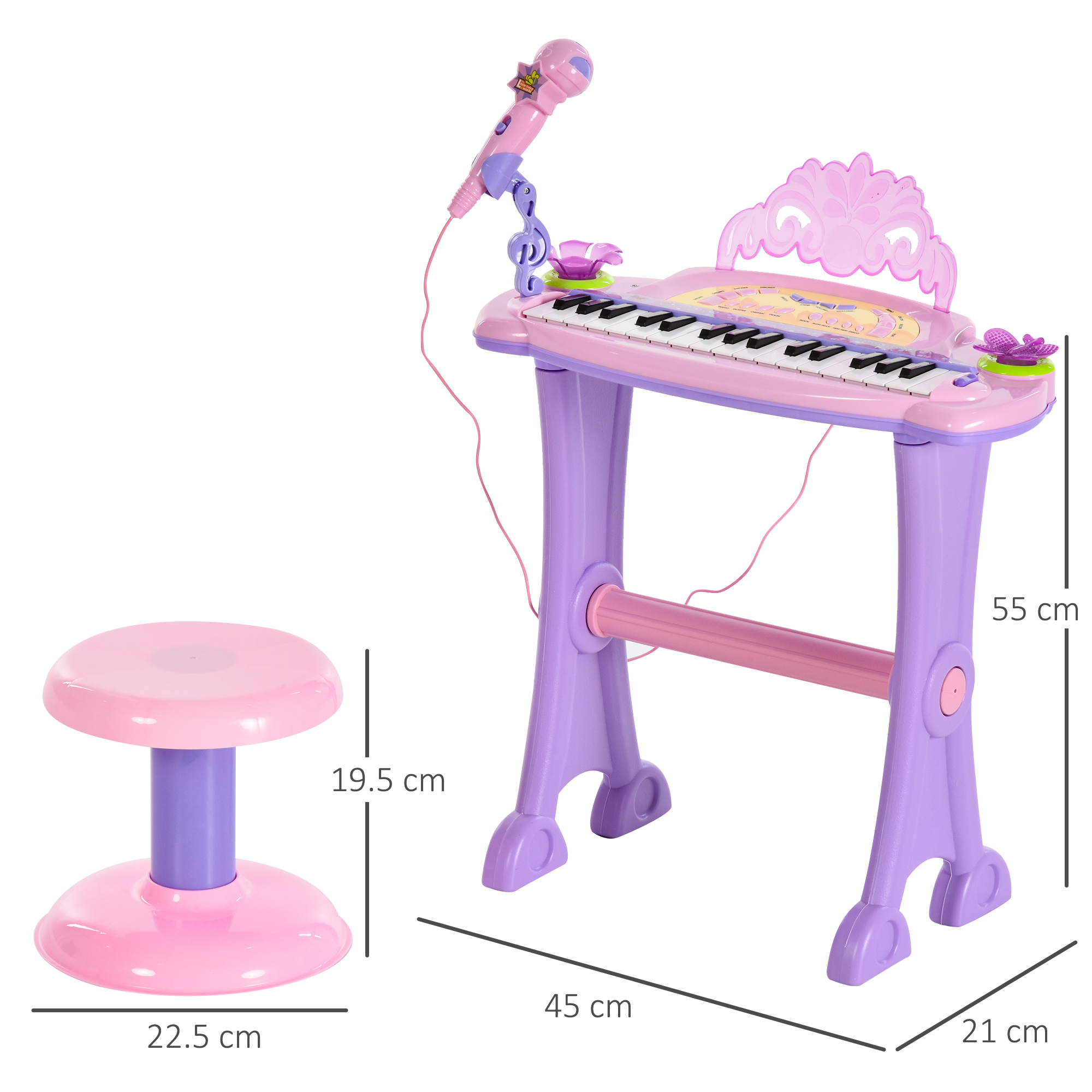 HOMCOM Electronic Organ for Kids, Mini Piano with Microphone and Stool, Interactive Music Play, Purple/Pink