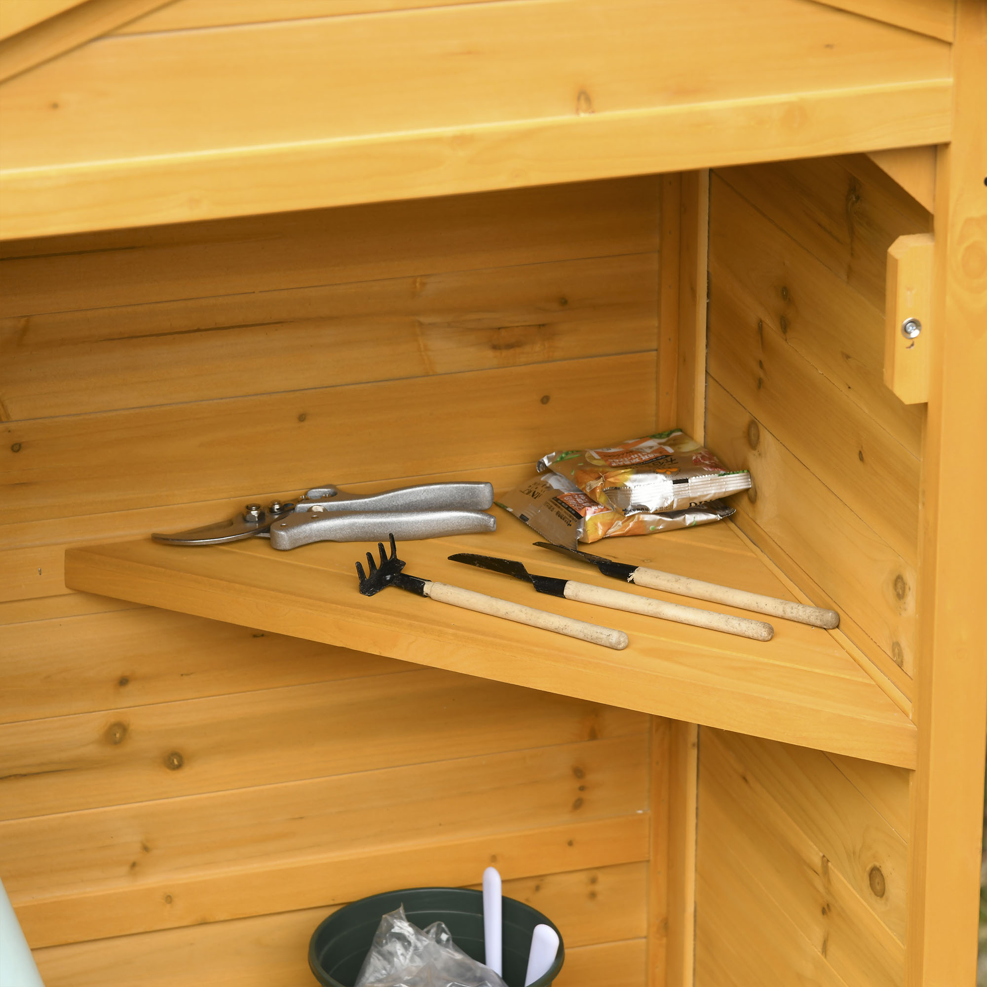 Outsunny Wooden Garden Cabinet 3-Tier Storage Shed 2 Shelves Lockable Organizer with Hooks Foot Pad 74 x 55 x 155cm Dark Yellow
