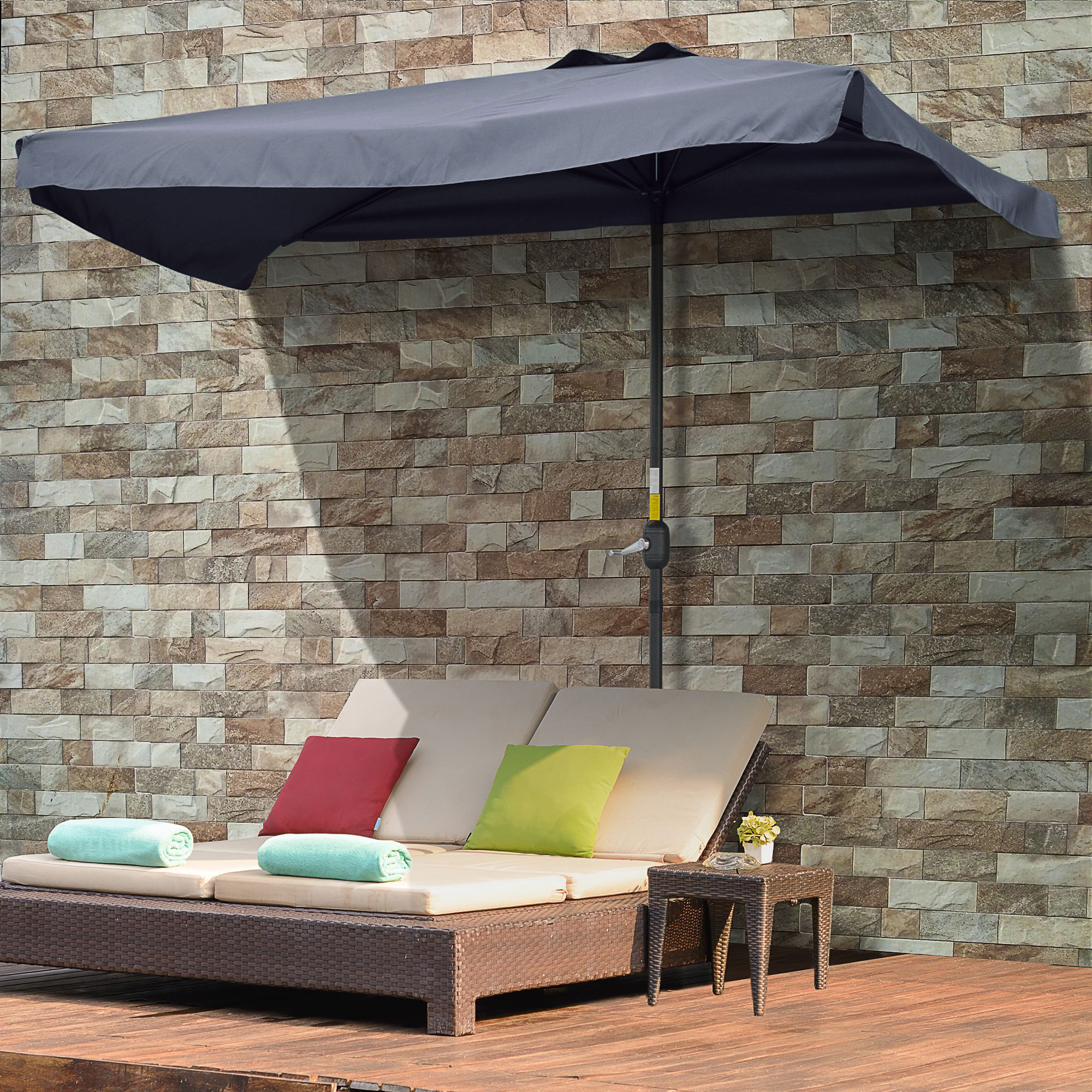 Outsunny 2.3m Half Parasol Semi Round Umbrella Patio Metal Frame Crank Handle for Balcony-- NO BASE INCLUDED, Grey