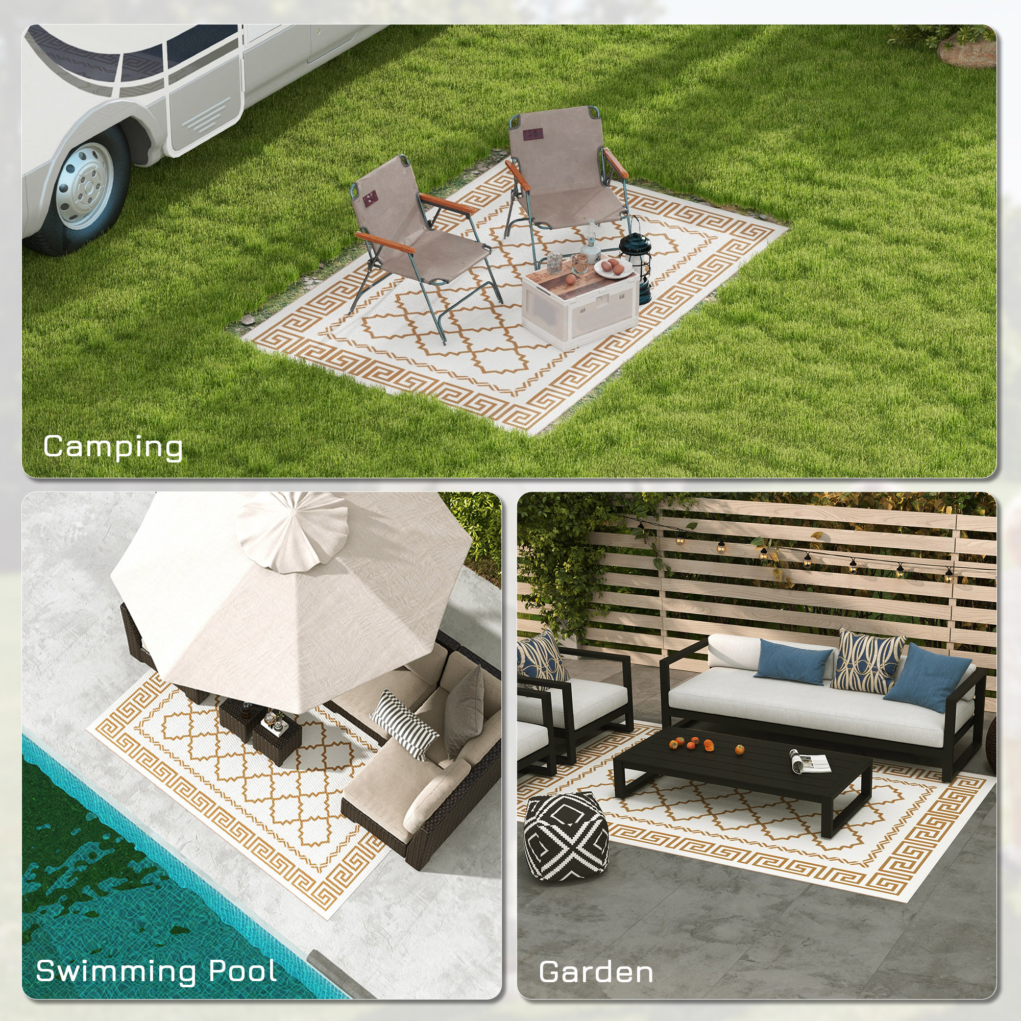 Outsunny Reversible Outdoor Rug, Plastic Straw, Portable with Carry Bag, 182 x 274cm, Brown and Cream