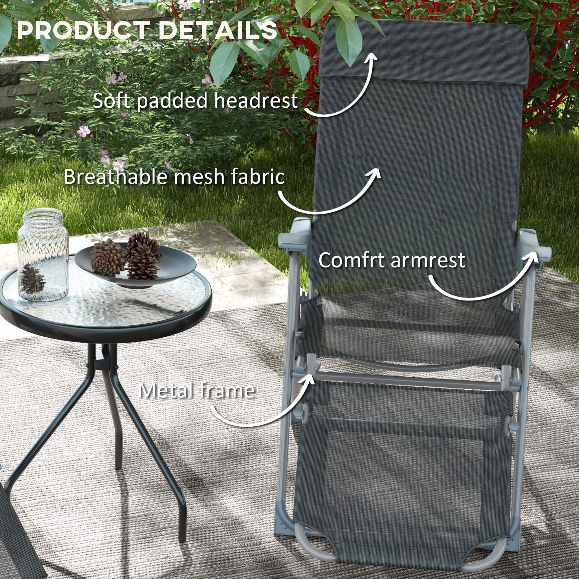 Outsunny Outdoor Sun Lounger Set of 2, Reclining Garden Chairs w/ Adjustable Footrest, 2 pcs Recliner w/ 5-level Adjustable Backrest, Headrest, Black