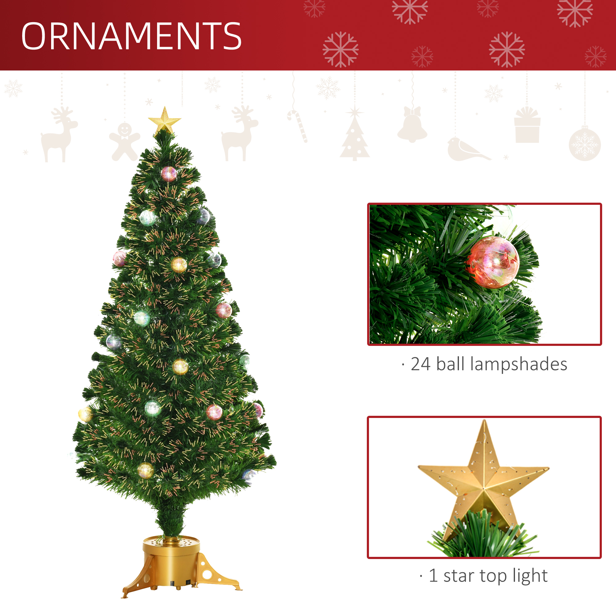 HOMCOM 5FT Pre Lit Christmas Tree Artificial Tree Fiber Optic Holiday Home Xmas Indoor Decoration with Golden Stand Green