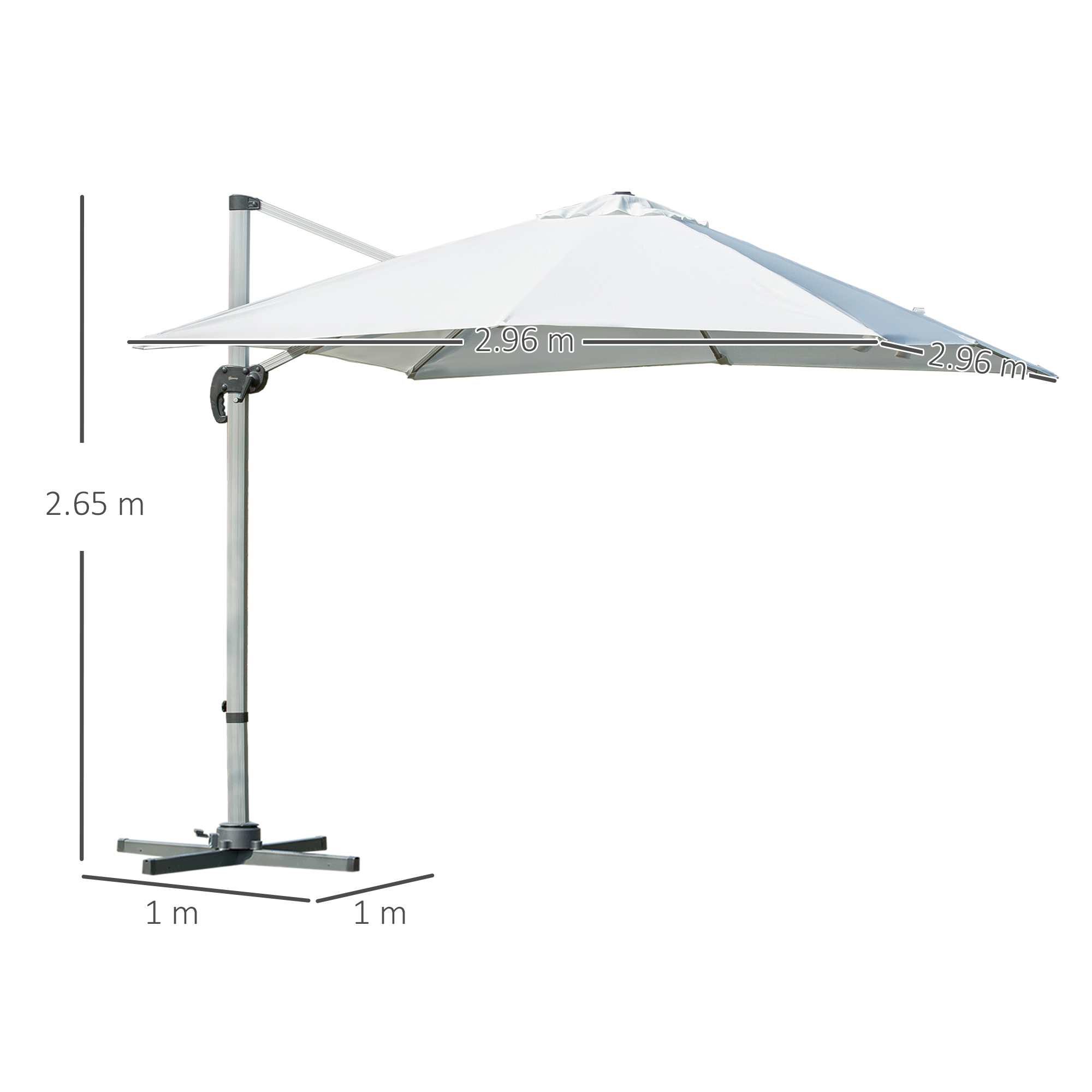 Outsunny 3m Cantilever Roma Parasol Aluminium Frame 360 Rotation Hanging Parasol with/ Cross Base White
