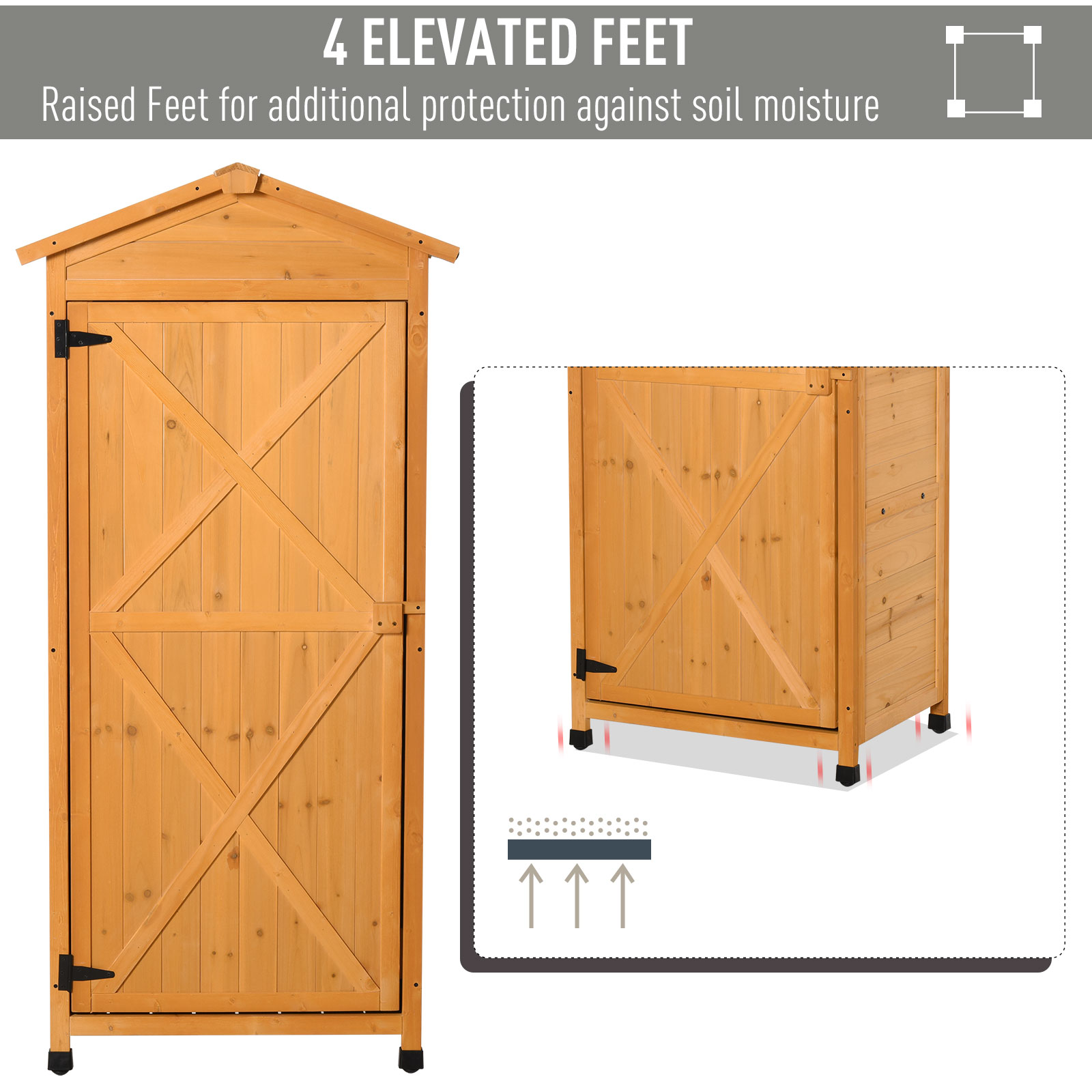 Outsunny Wooden Garden Cabinet 3-Tier Storage Shed 2 Shelves Lockable Organizer with Hooks Foot Pad 74 x 55 x 155cm Dark Yellow