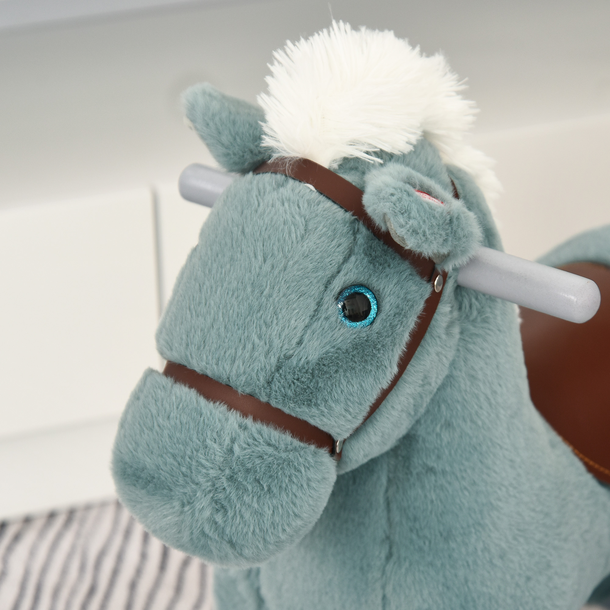 HOMCOM Baby Wooden Rocking Horse with Plush Toy Realistic Sounds, Kids Plush Ride-On Rocking Horse Toy for Child 18-36 Months, Blue