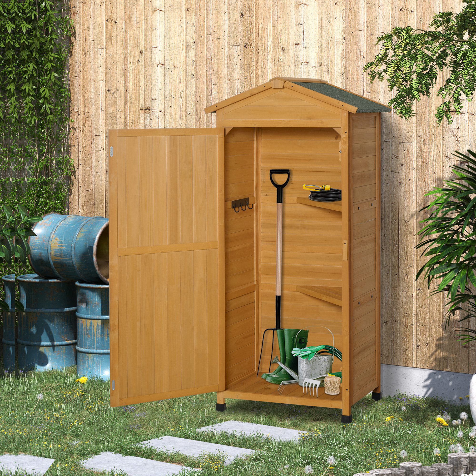 Outsunny Wooden Garden Cabinet 3-Tier Storage Shed 2 Shelves Lockable Organizer with Hooks Foot Pad 74 x 55 x 155cm Dark Yellow