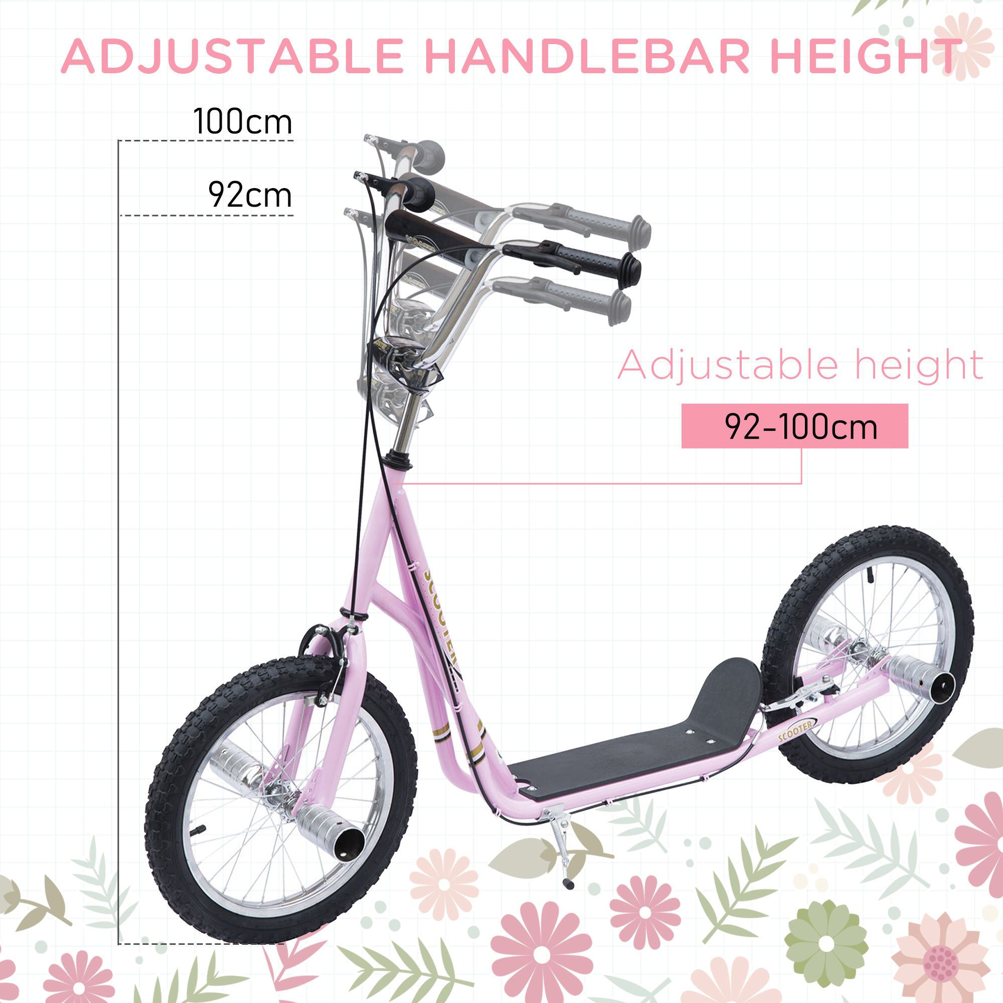 HOMCOM Non-Electric Pneumatic 16" Tyres Scooter-Pink