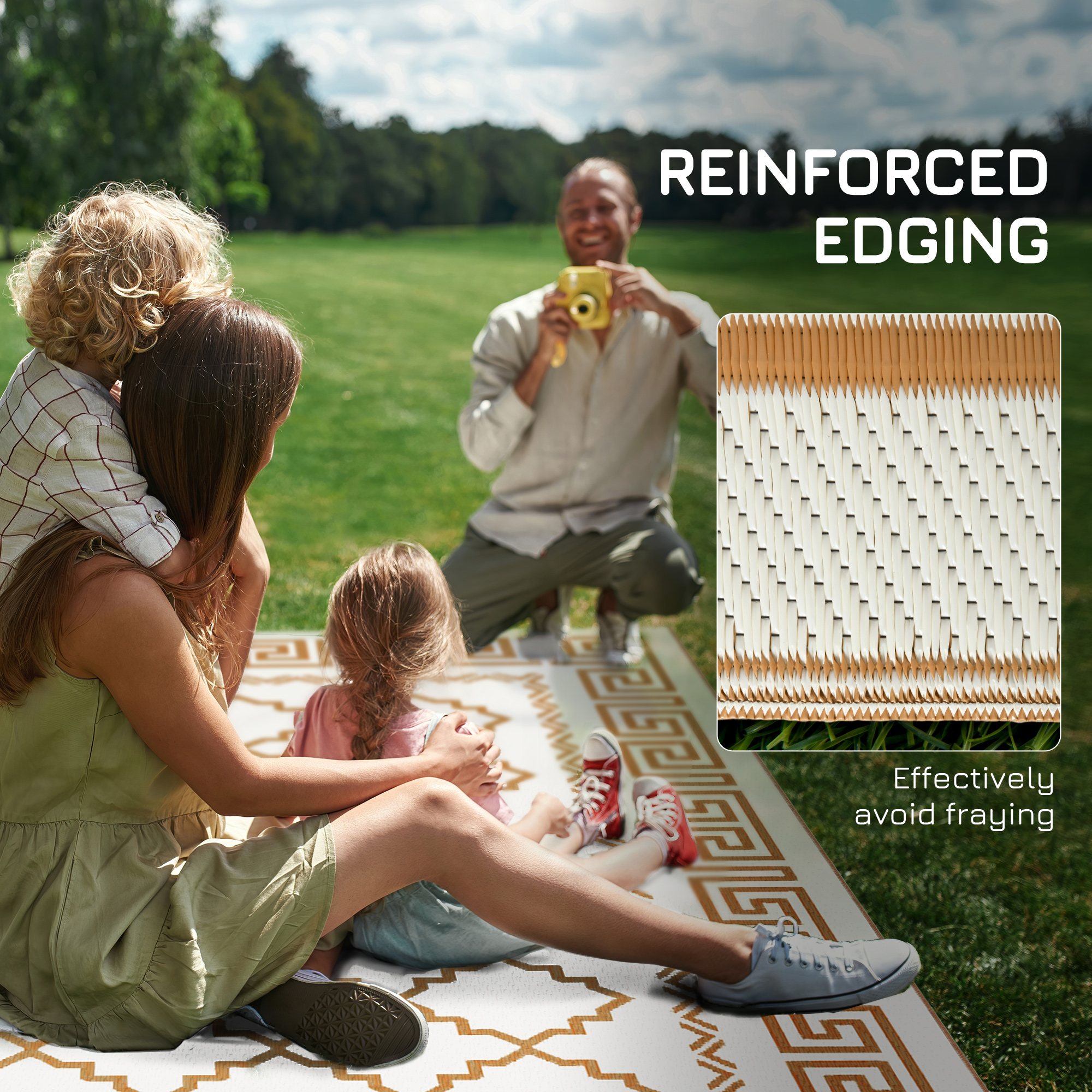 Outsunny Reversible Outdoor Rug, Plastic Straw, Portable with Carry Bag, 182 x 274cm, Brown and Cream