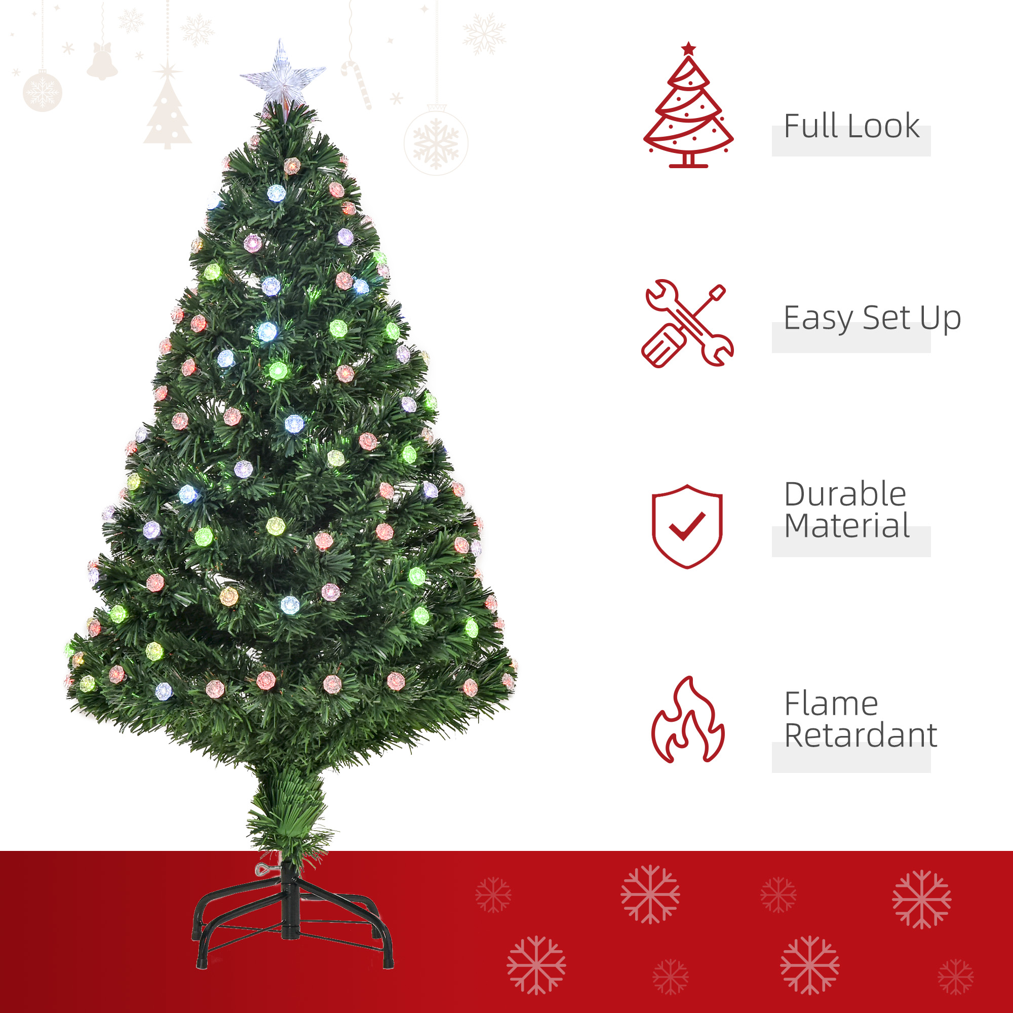 HOMCOM 4FT Prelit Christmas Tree Artificial w/Fibre Optic Decorations LED Light Holiday Home Xmas Decoration-Green