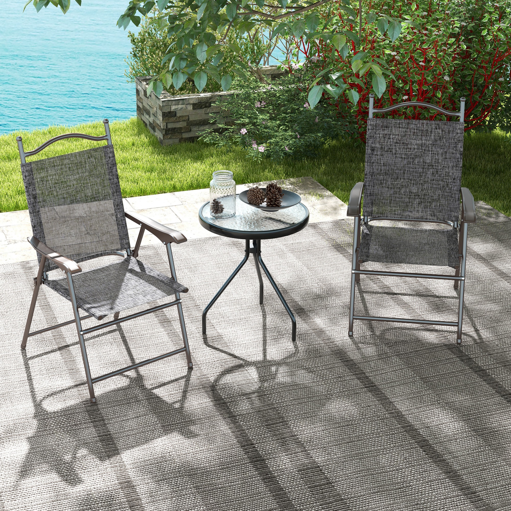 Outsunny Folding Chairs for Patio, Set of 2, Camping Sports Chairs with Armrest, Mesh Fabric Seat, Grey