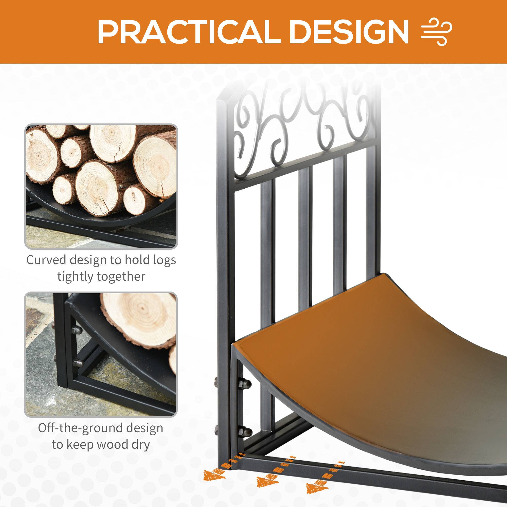 Outsunny Wrought Iron Inner Arced Wood Log Holder Indoor Outdoor Storage Shelf w/ Elegant Scrolls Rust-Resistant Stacker Black